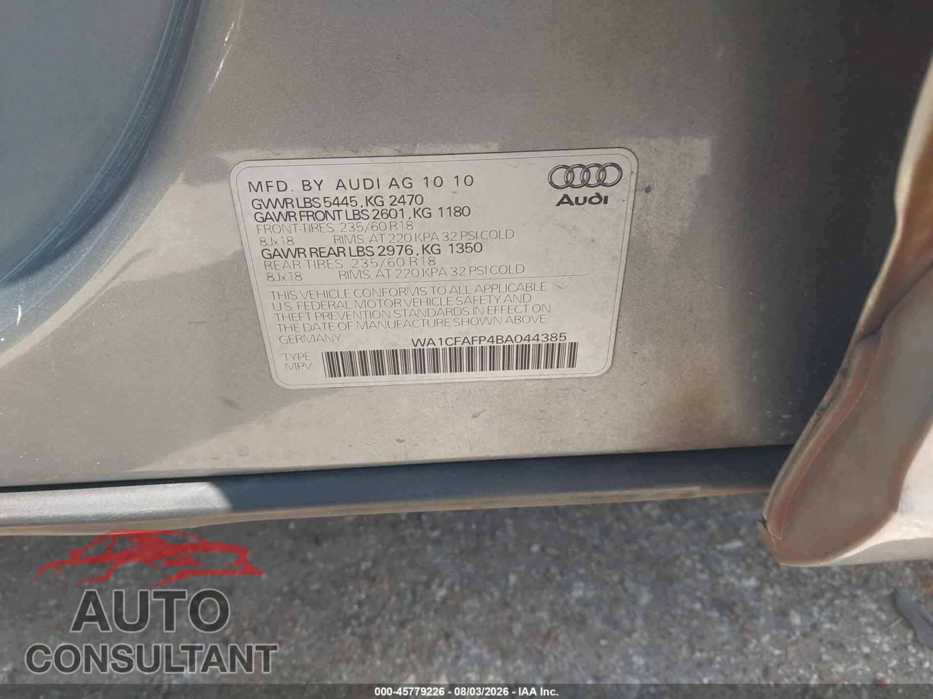 AUDI Q5 2011 - WA1CFAFP4BA044385