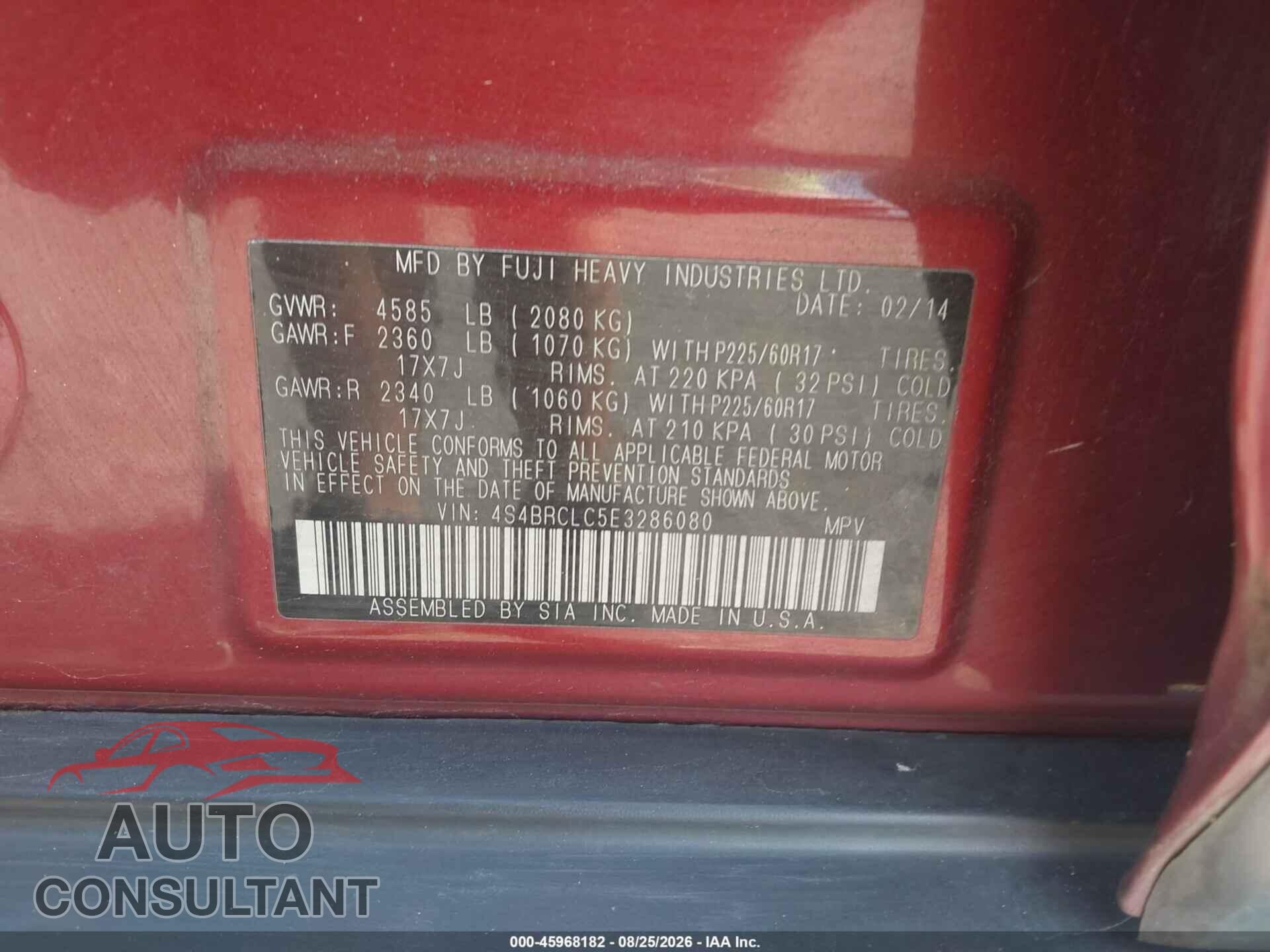 SUBARU OUTBACK 2014 - 4S4BRCLC5E3286080