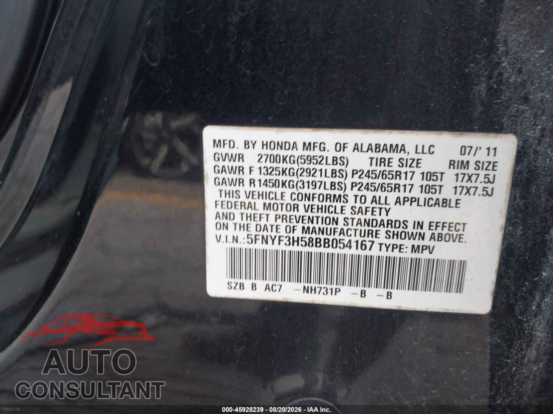 HONDA PILOT 2011 - 5FNYF3H58BB054167
