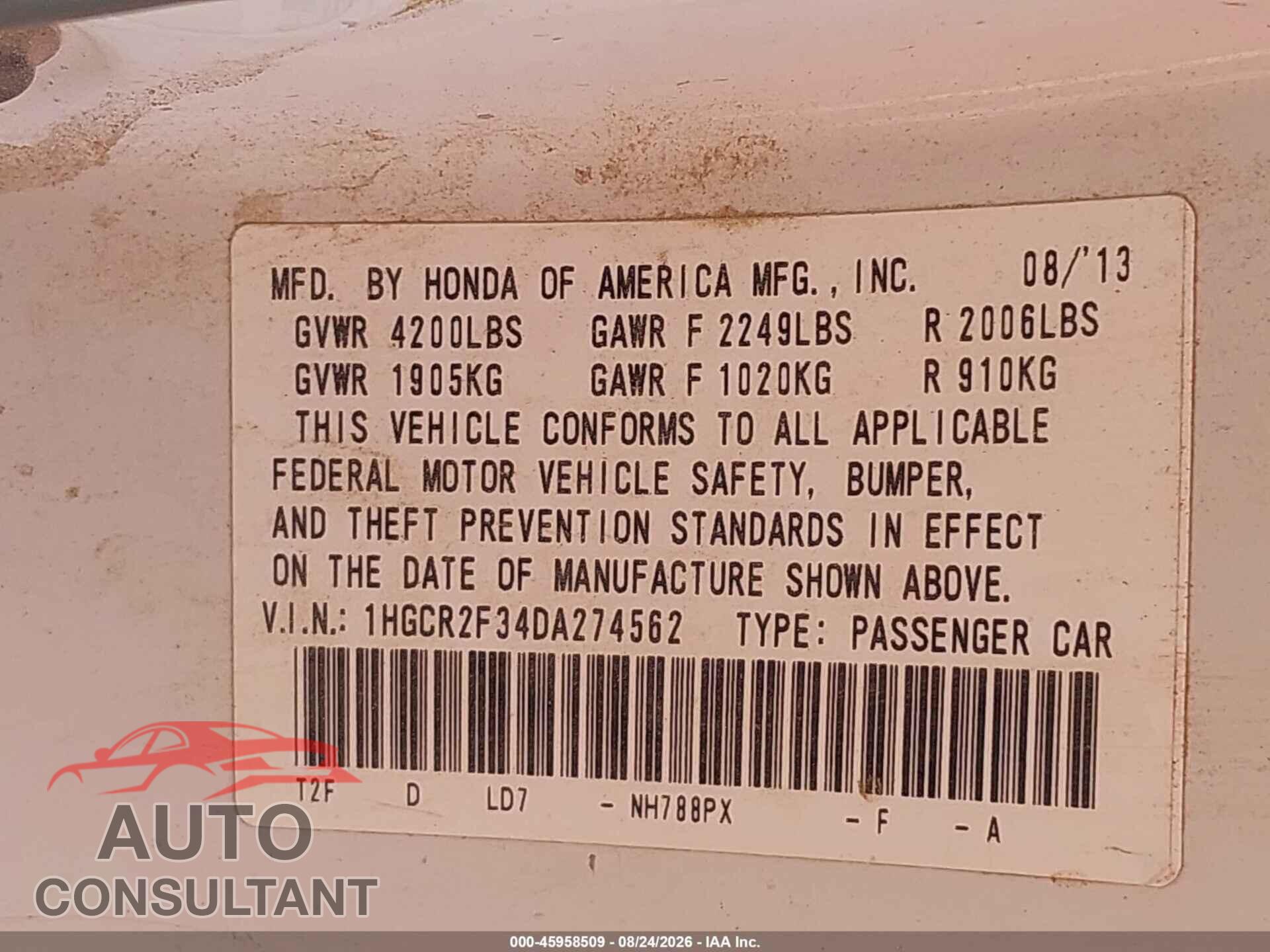 HONDA ACCORD 2013 - 1HGCR2F34DA274562