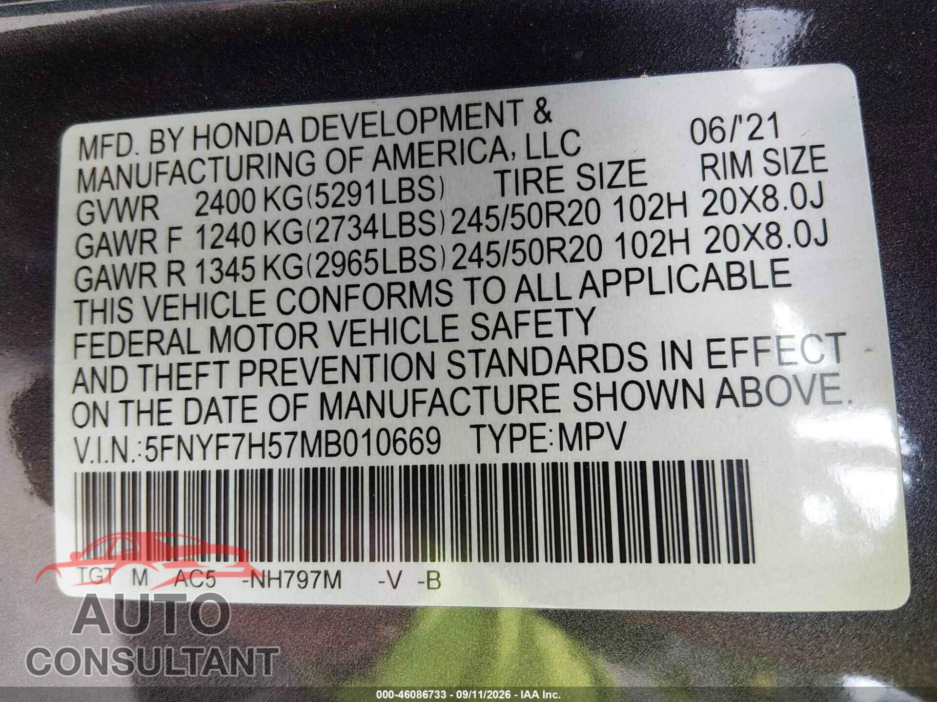 HONDA PASSPORT 2021 - 5FNYF7H57MB010669