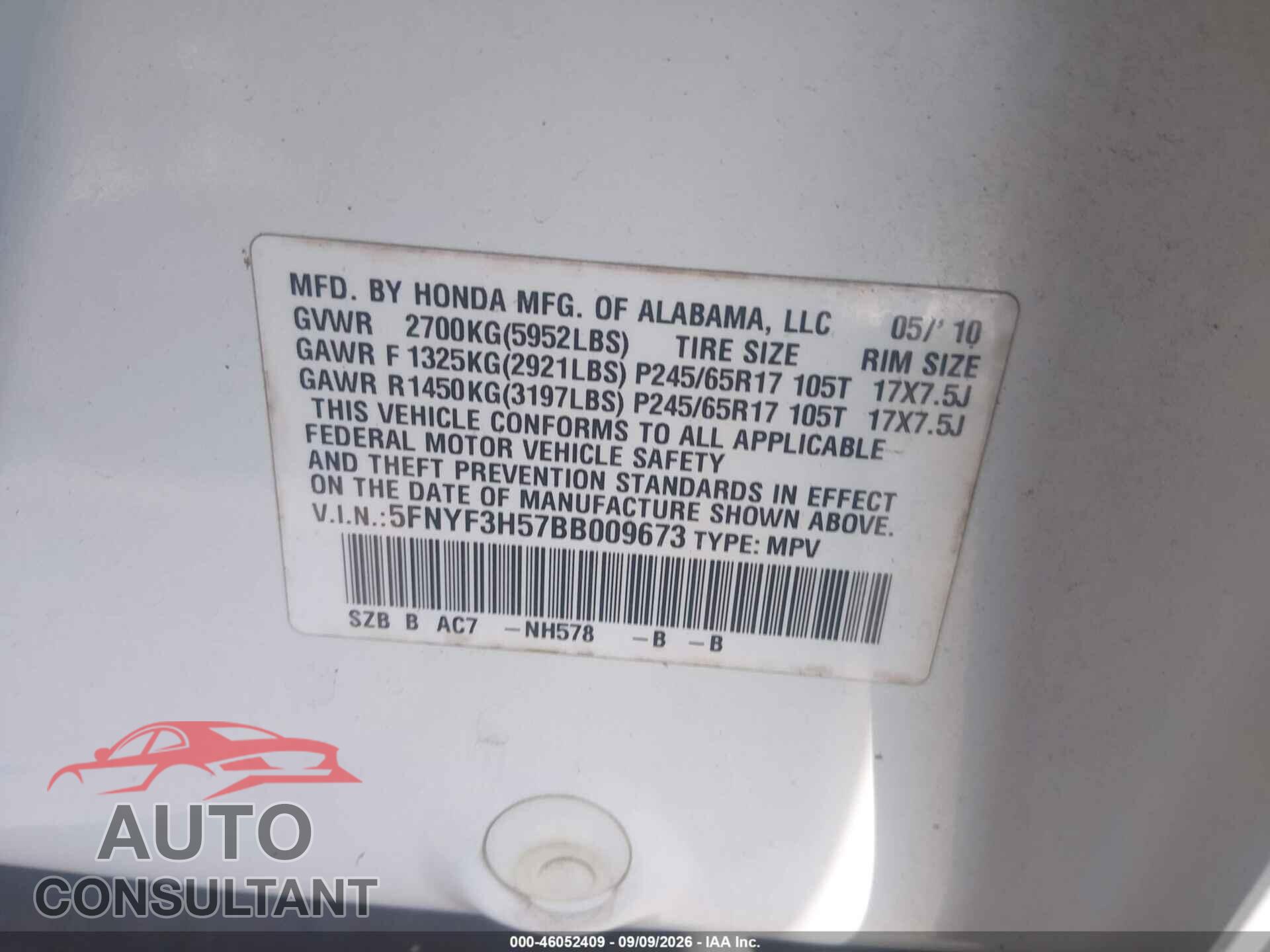 HONDA PILOT 2011 - 5FNYF3H57BB009673