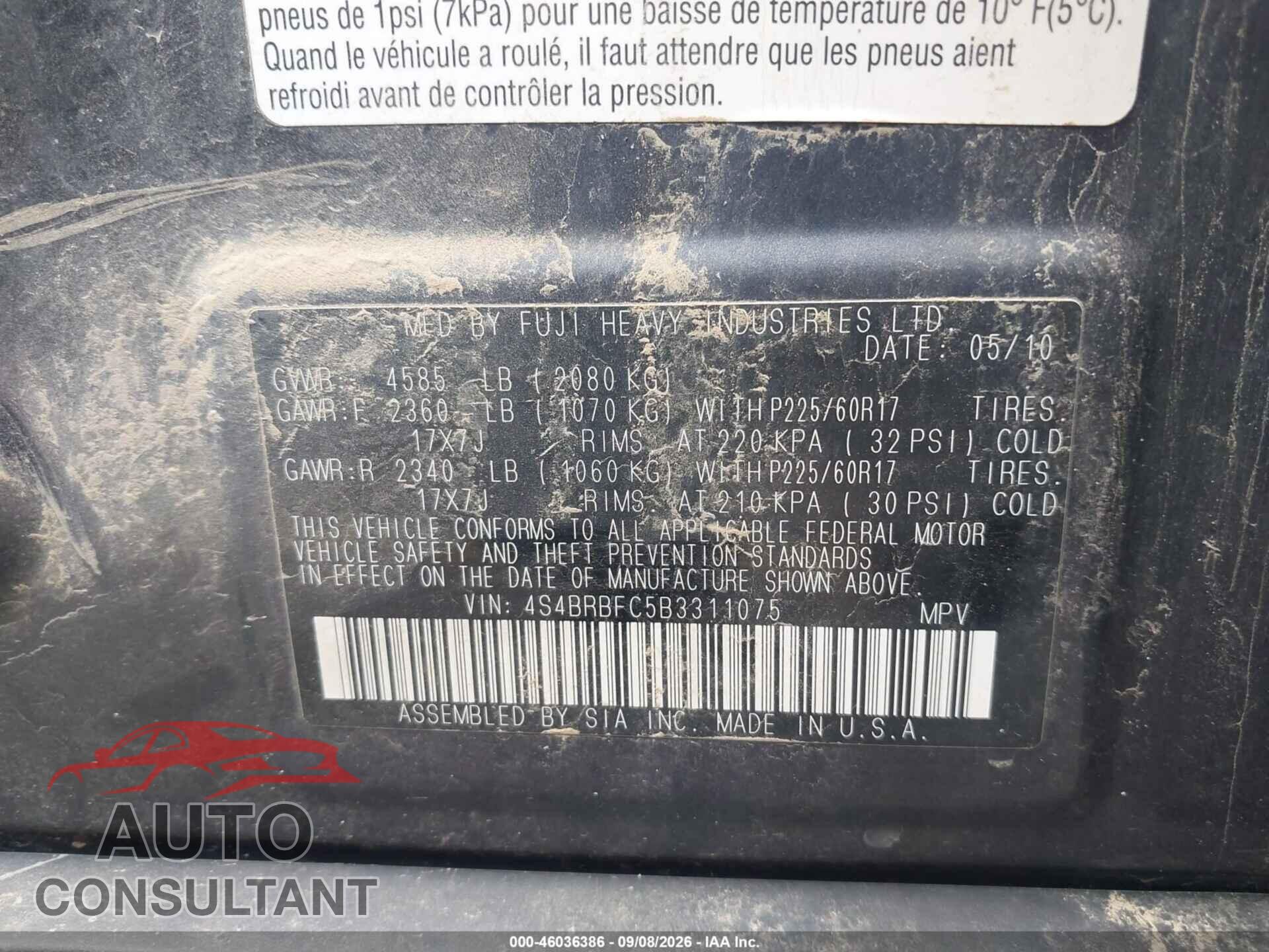 SUBARU OUTBACK 2011 - 4S4BRBFC5B3311075
