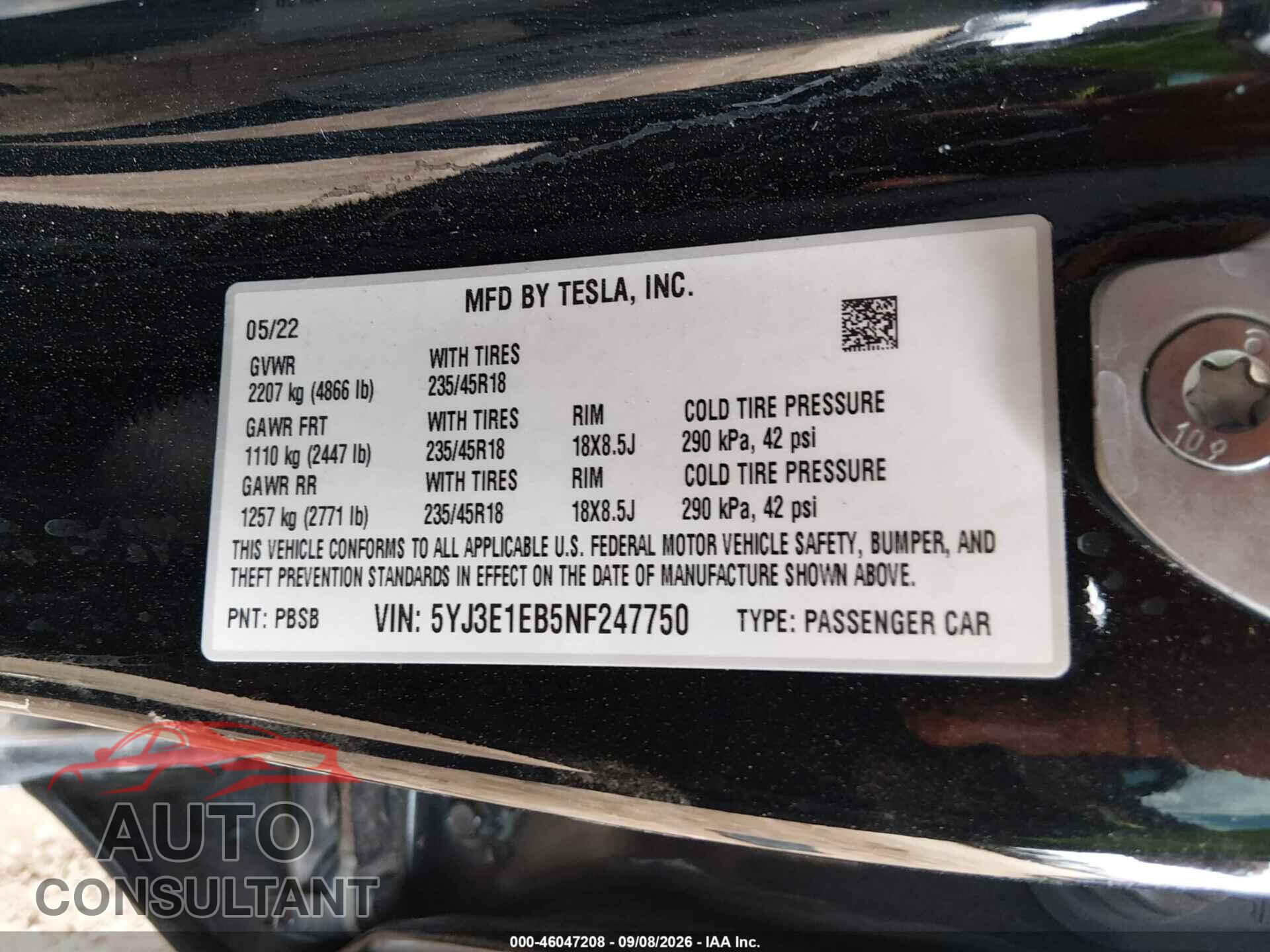 TESLA MODEL 3 2022 - 5YJ3E1EB5NF247750