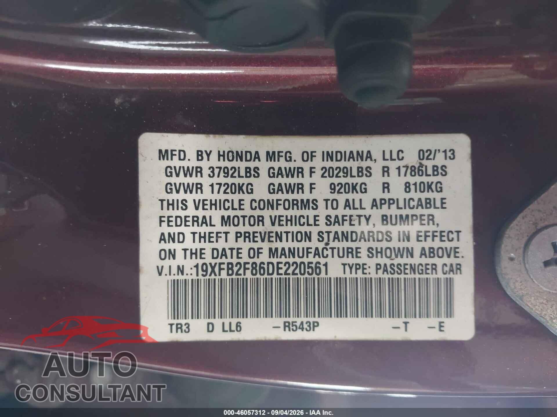 HONDA CIVIC 2013 - 19XFB2F86DE220561
