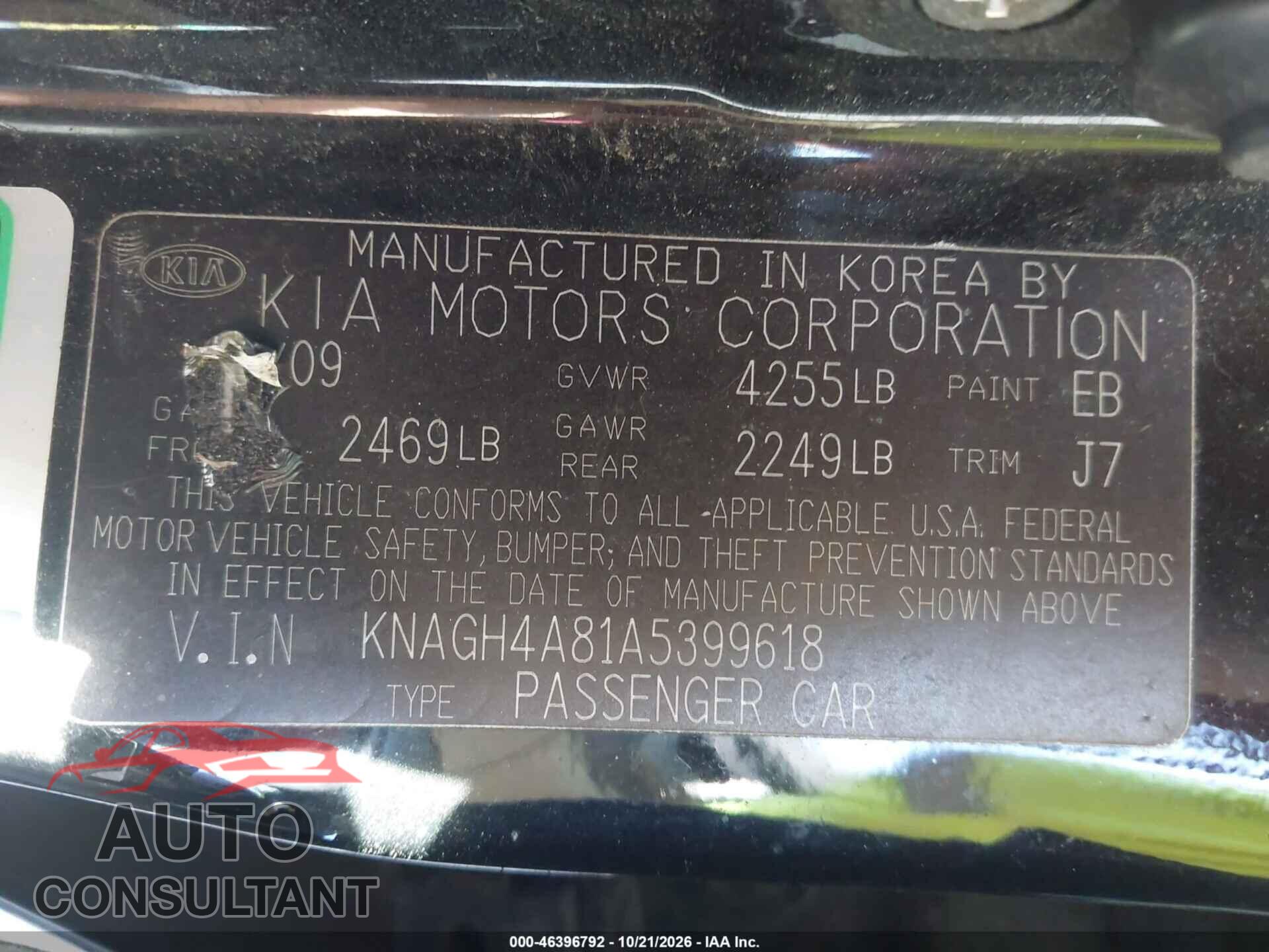 KIA OPTIMA 2010 - KNAGH4A81A5399618