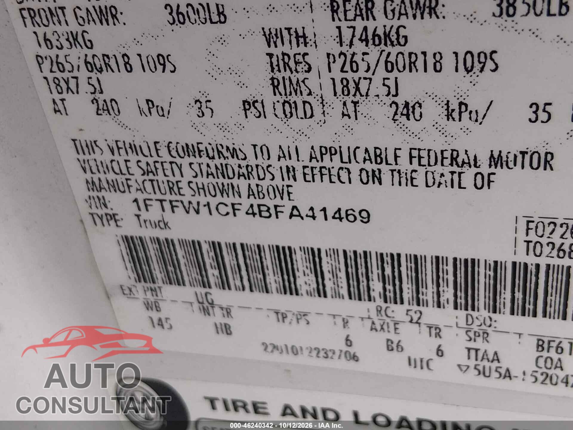 FORD F-150 2011 - 1FTFW1CF4BFA41469