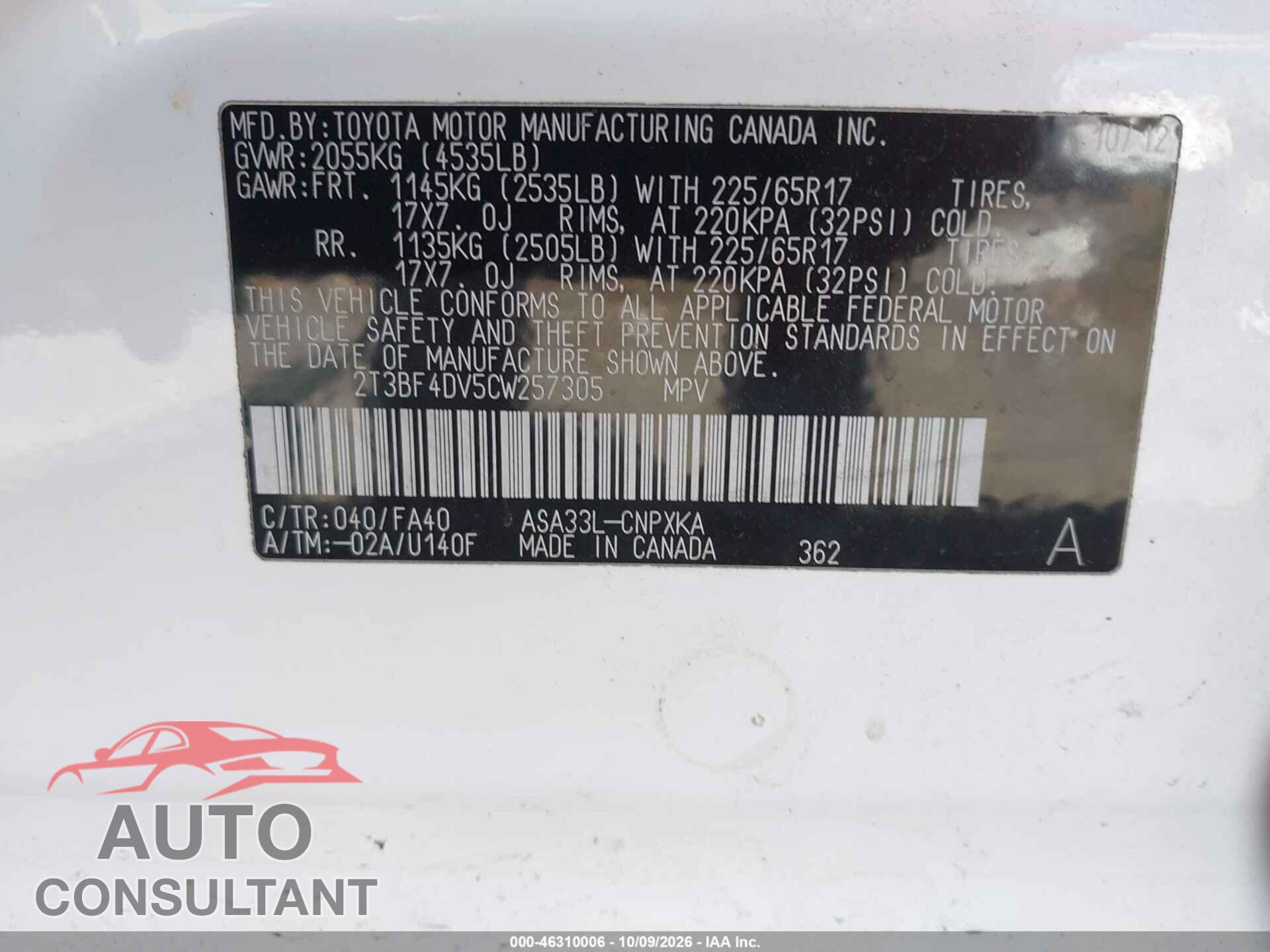 TOYOTA RAV4 2012 - 2T3BF4DV5CW257305