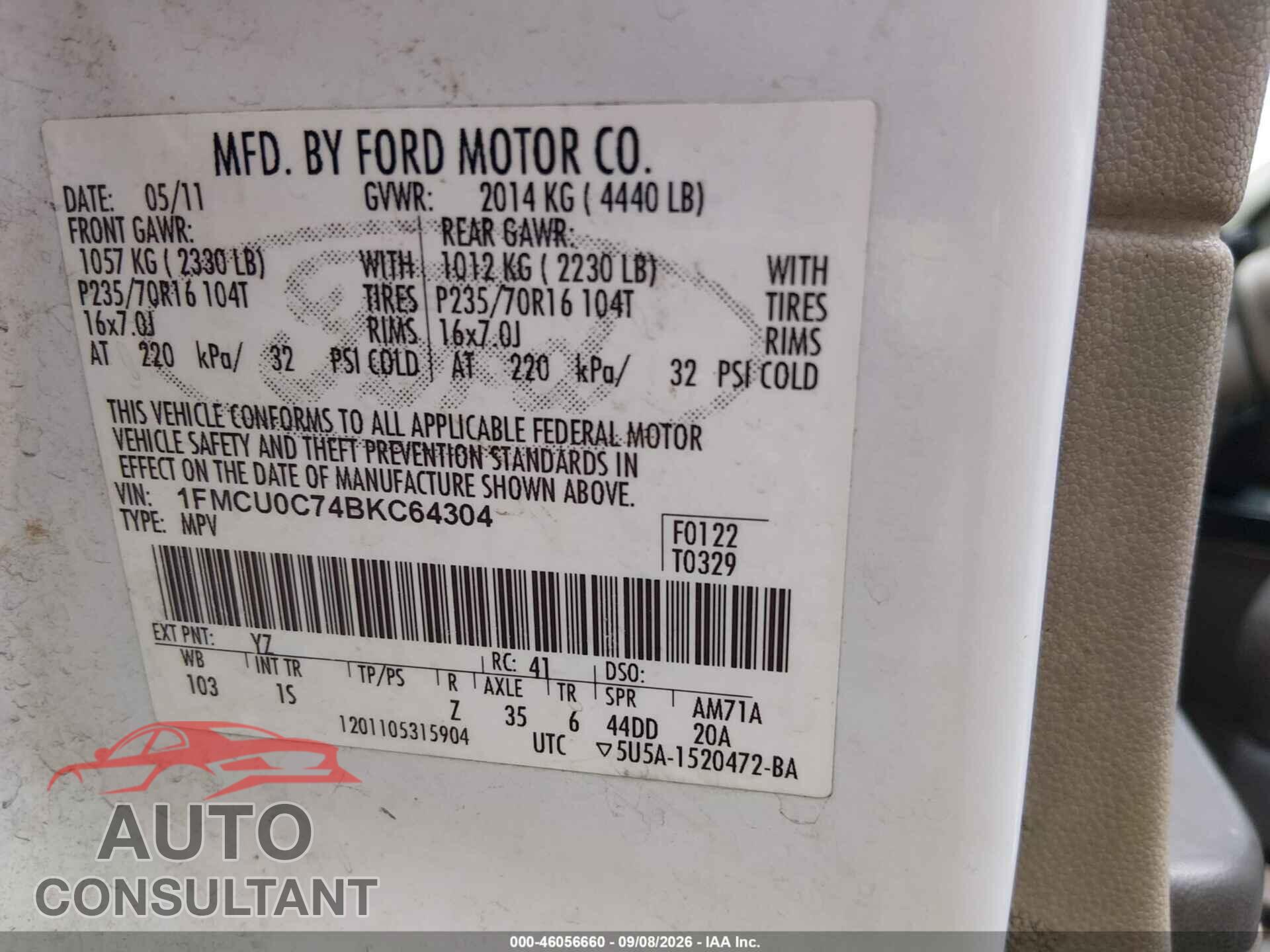 FORD ESCAPE 2011 - 1FMCU0C74BKC64304