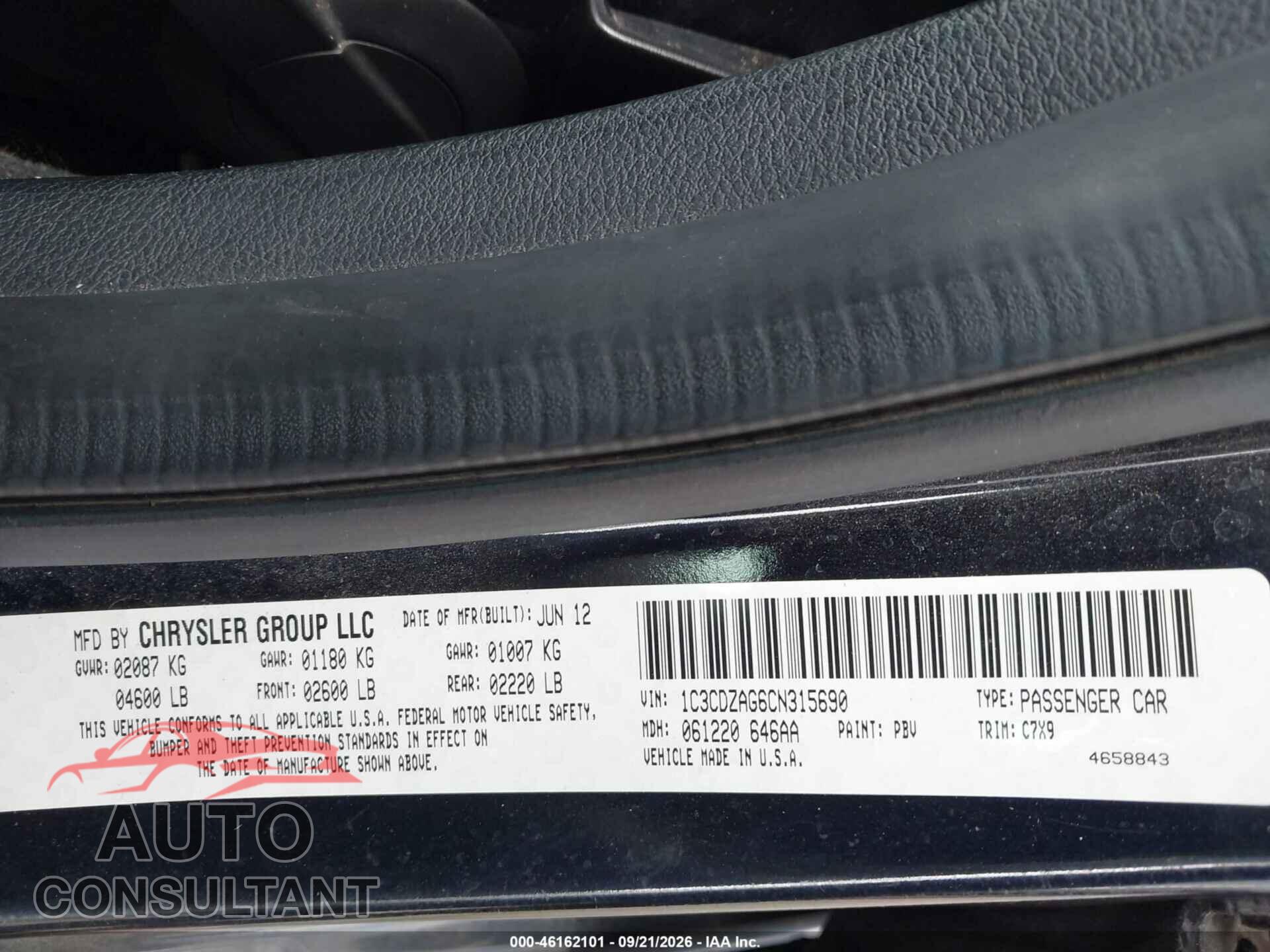 DODGE AVENGER 2012 - 1C3CDZAG6CN315690