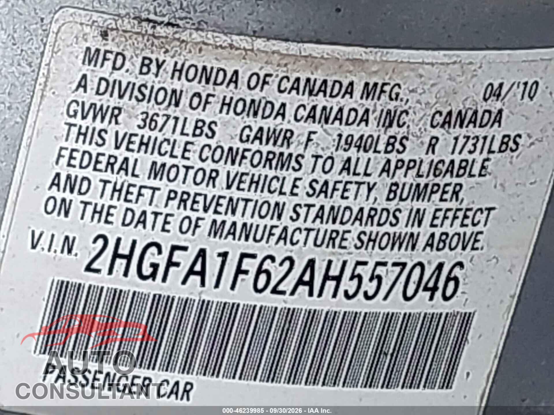 HONDA CIVIC 2010 - 2HGFA1F62AH557046