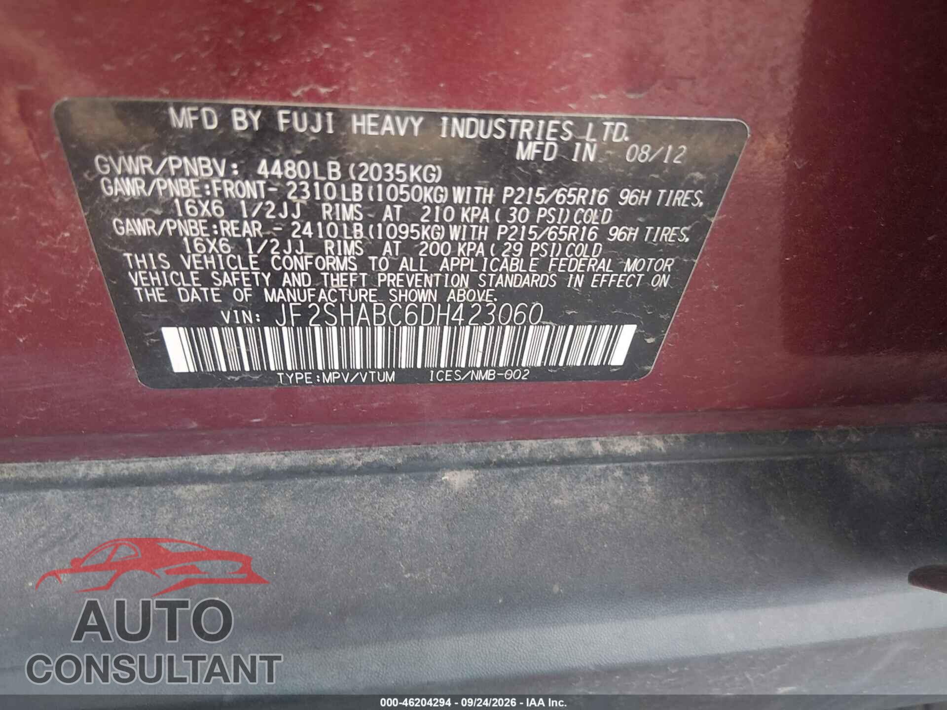 SUBARU FORESTER 2013 - JF2SHABC6DH423060
