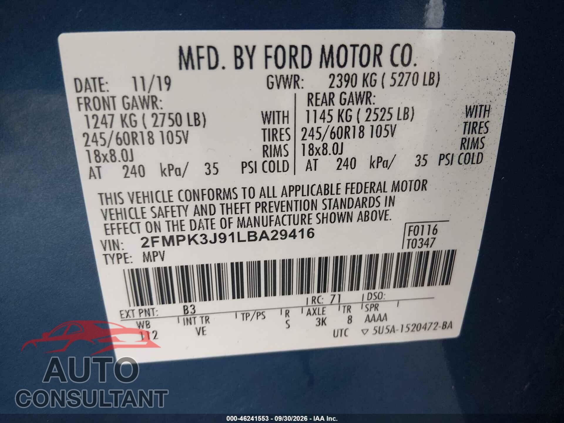 FORD EDGE 2020 - 2FMPK3J91LBA29416