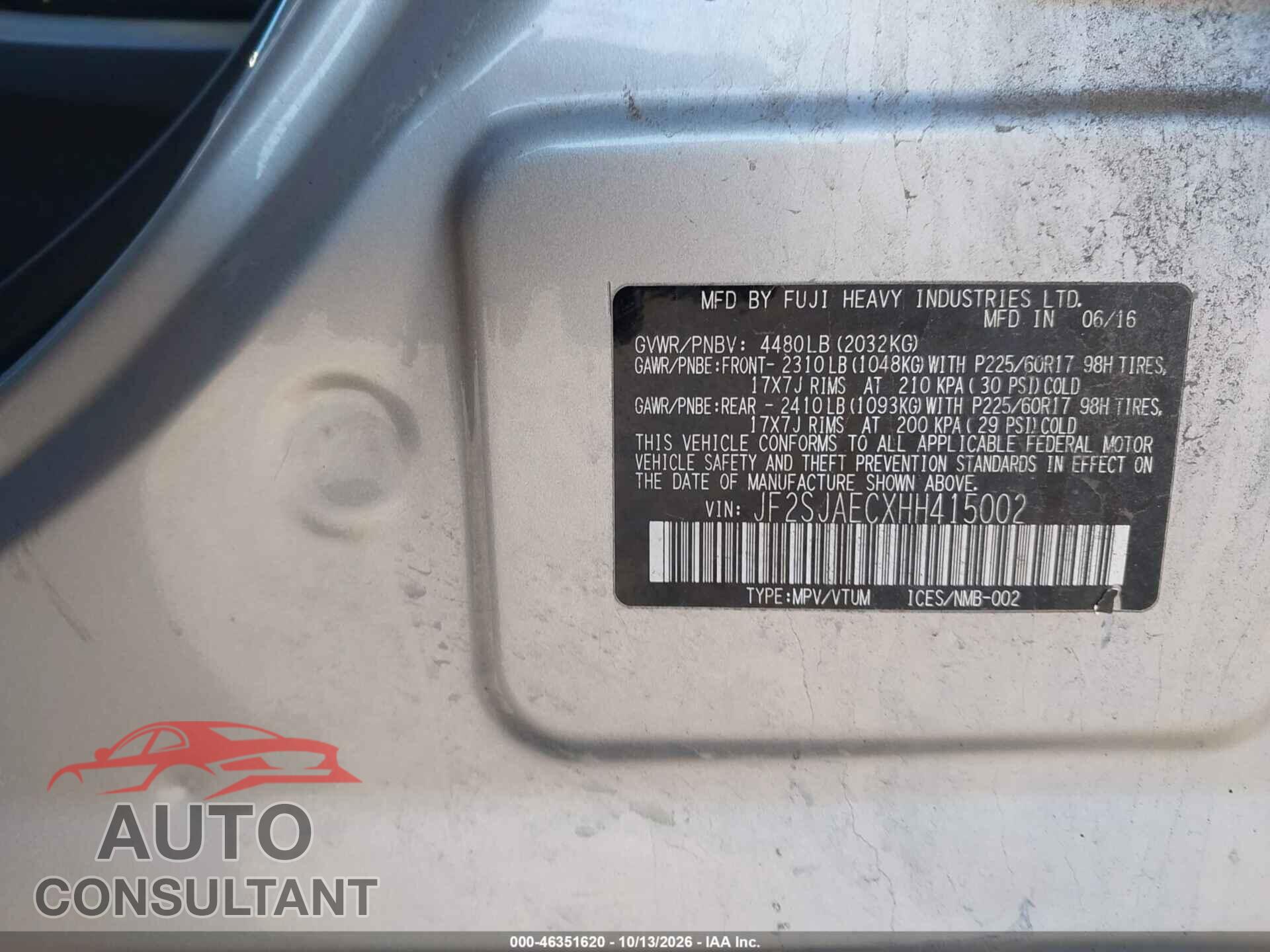 SUBARU FORESTER 2017 - JF2SJAECXHH415002
