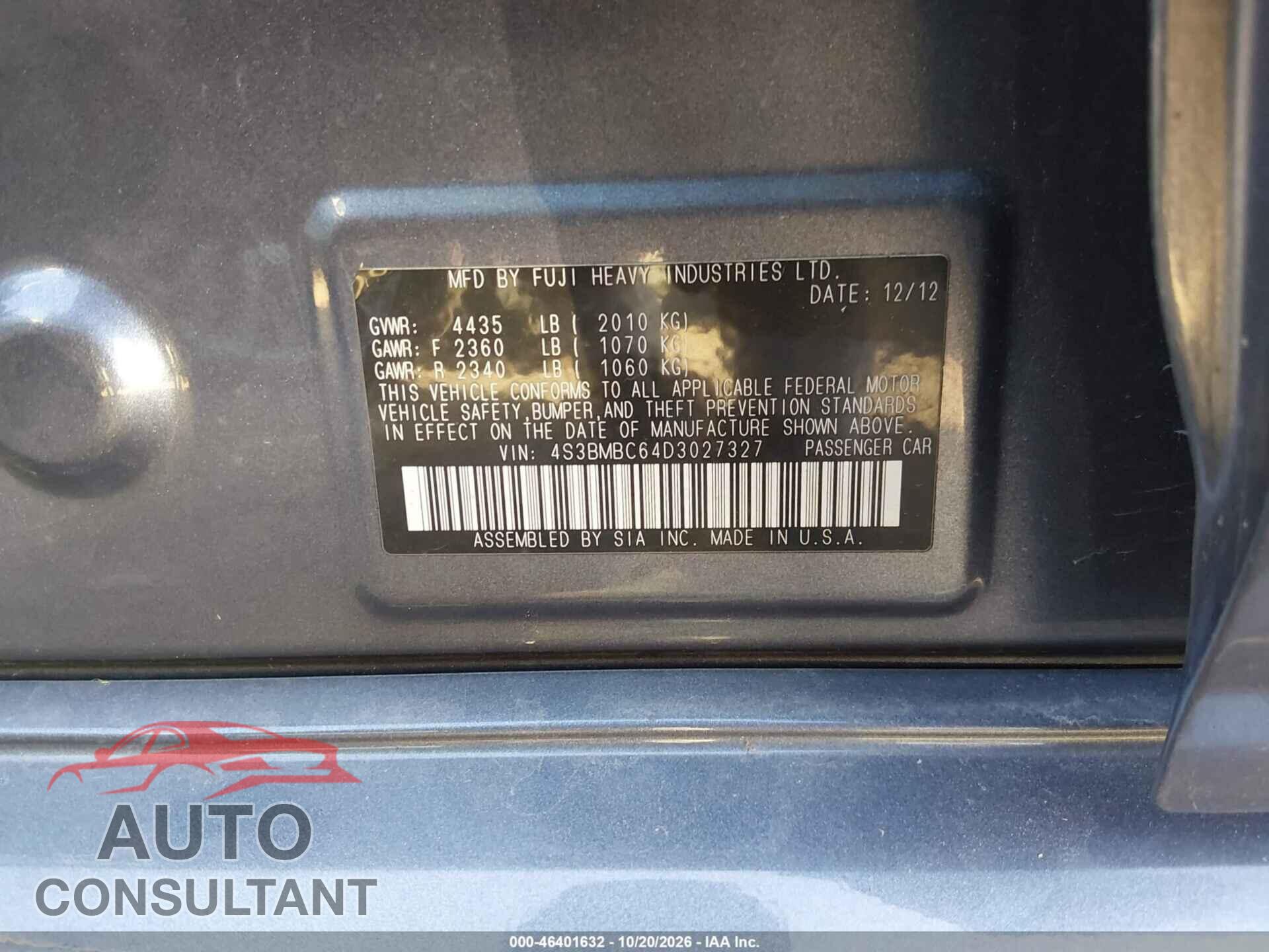 SUBARU LEGACY 2013 - 4S3BMBC64D3027327