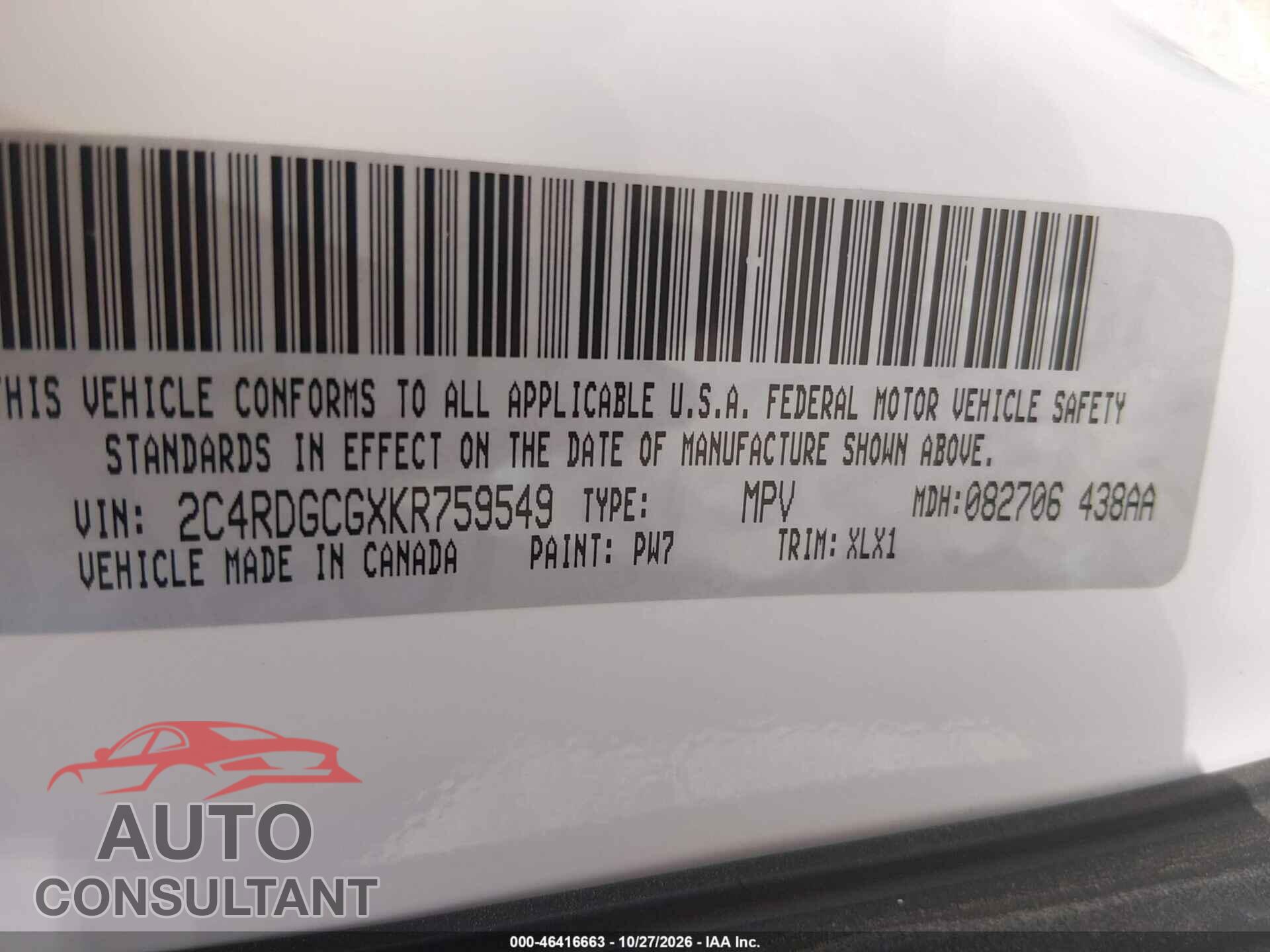 DODGE GRAND CARAVAN 2019 - 2C4RDGCGXKR759549