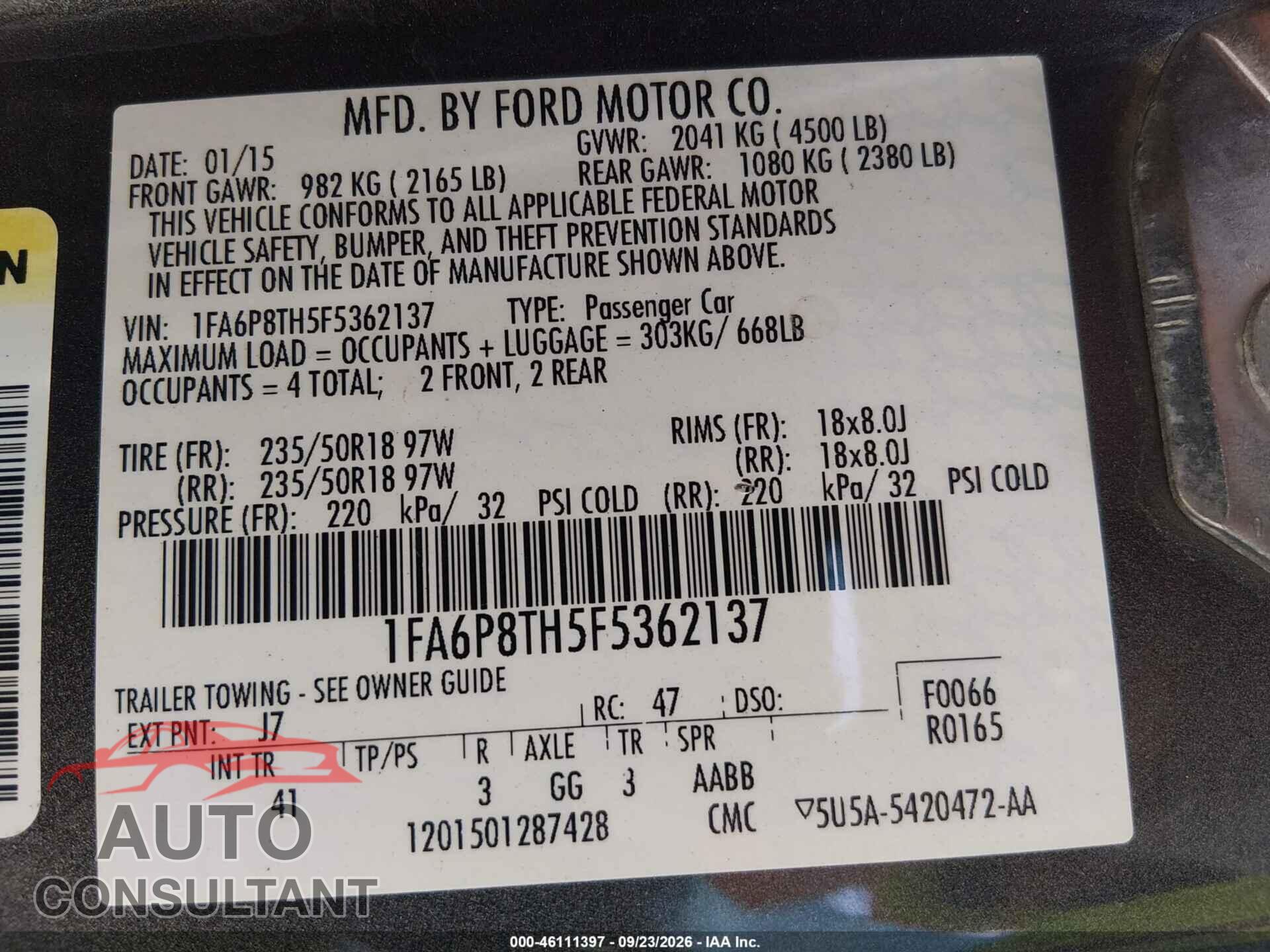 FORD MUSTANG 2015 - 1FA6P8TH5F5362137
