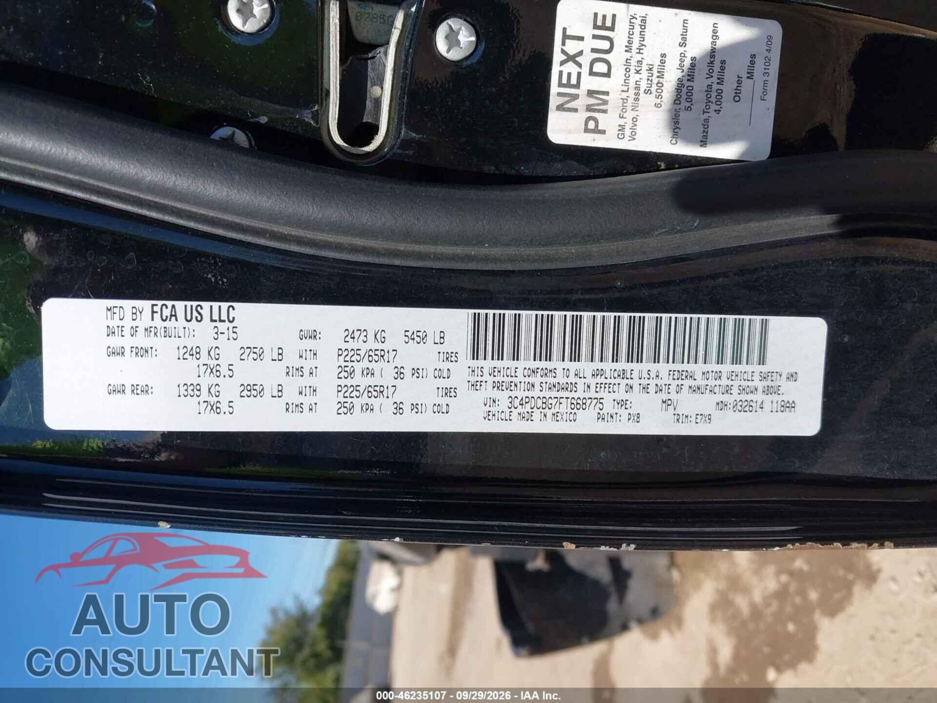 DODGE JOURNEY 2015 - 3C4PDCBG7FT668775