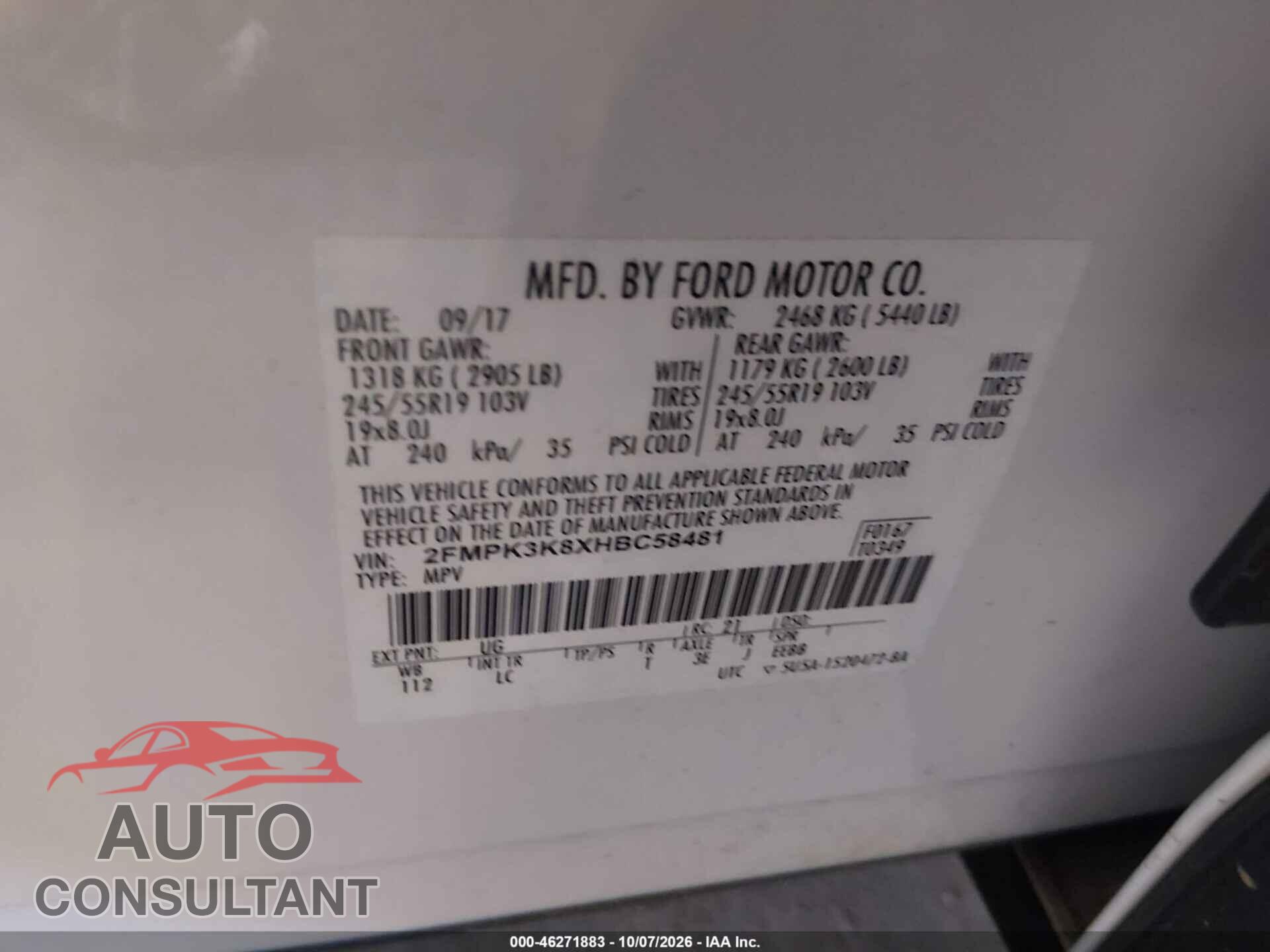 FORD EDGE 2017 - 2FMPK3K8XHBC58481