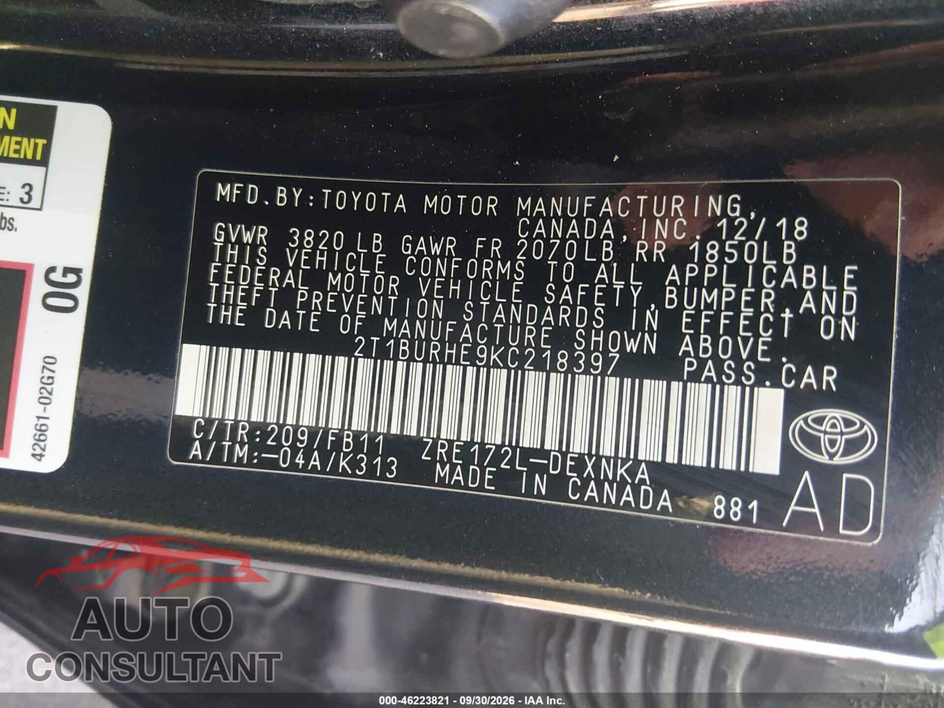 TOYOTA COROLLA 2019 - 2T1BURHE9KC218397