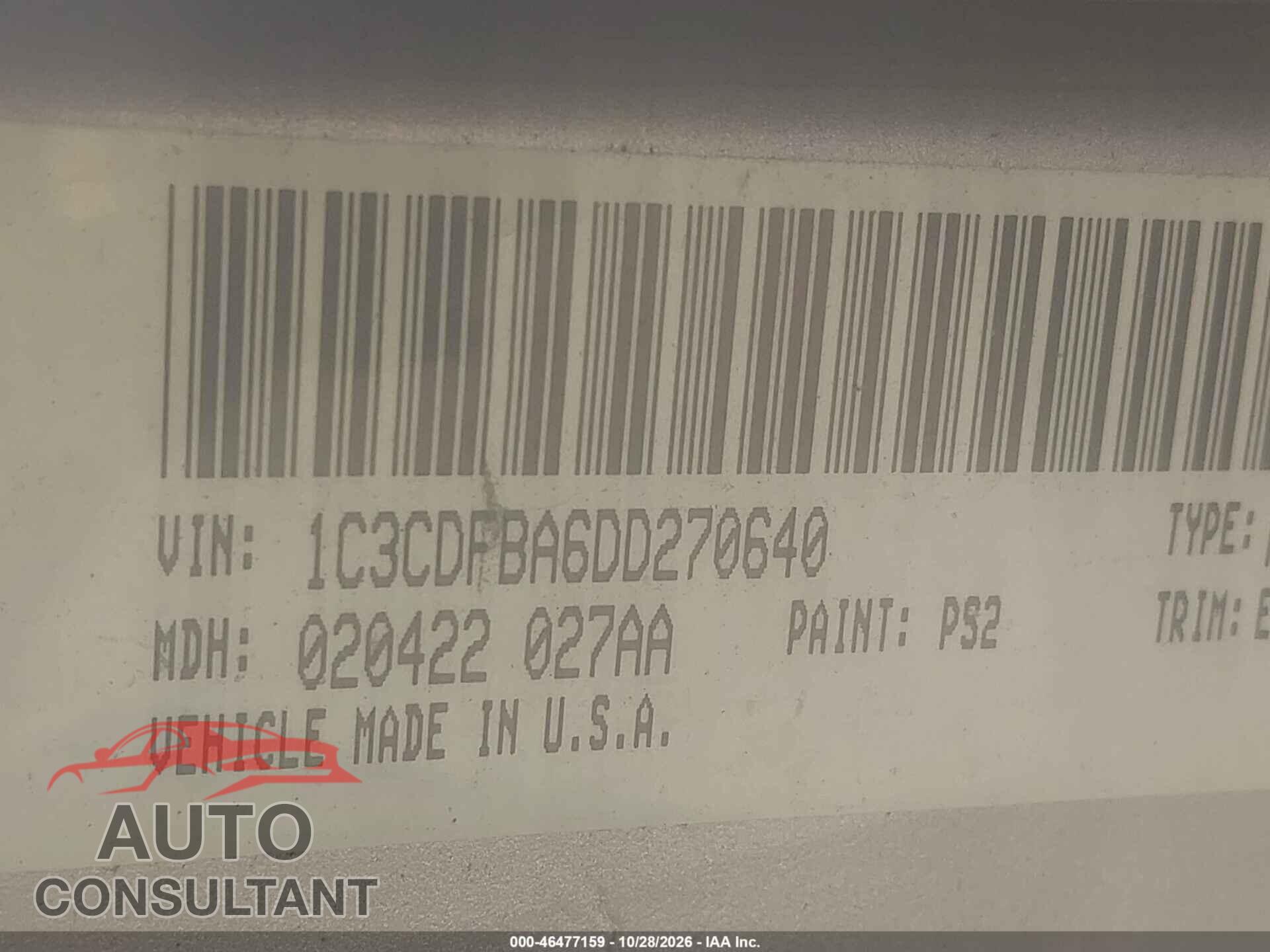 DODGE DART 2013 - 1C3CDFBA6DD270640