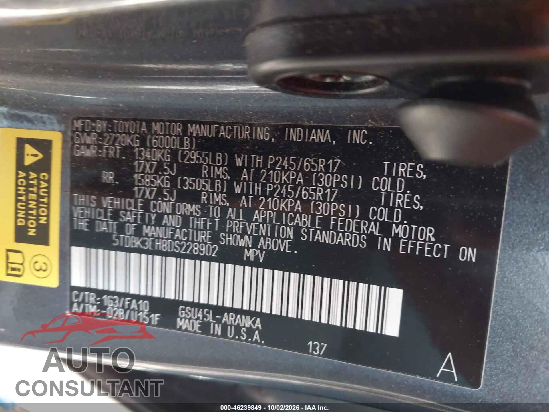 TOYOTA HIGHLANDER 2013 - 5TDBK3EH8DS228902