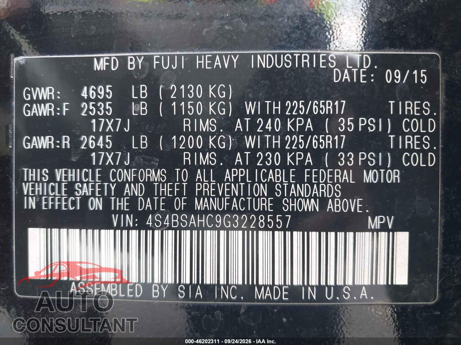 SUBARU OUTBACK 2016 - 4S4BSAHC9G3228557