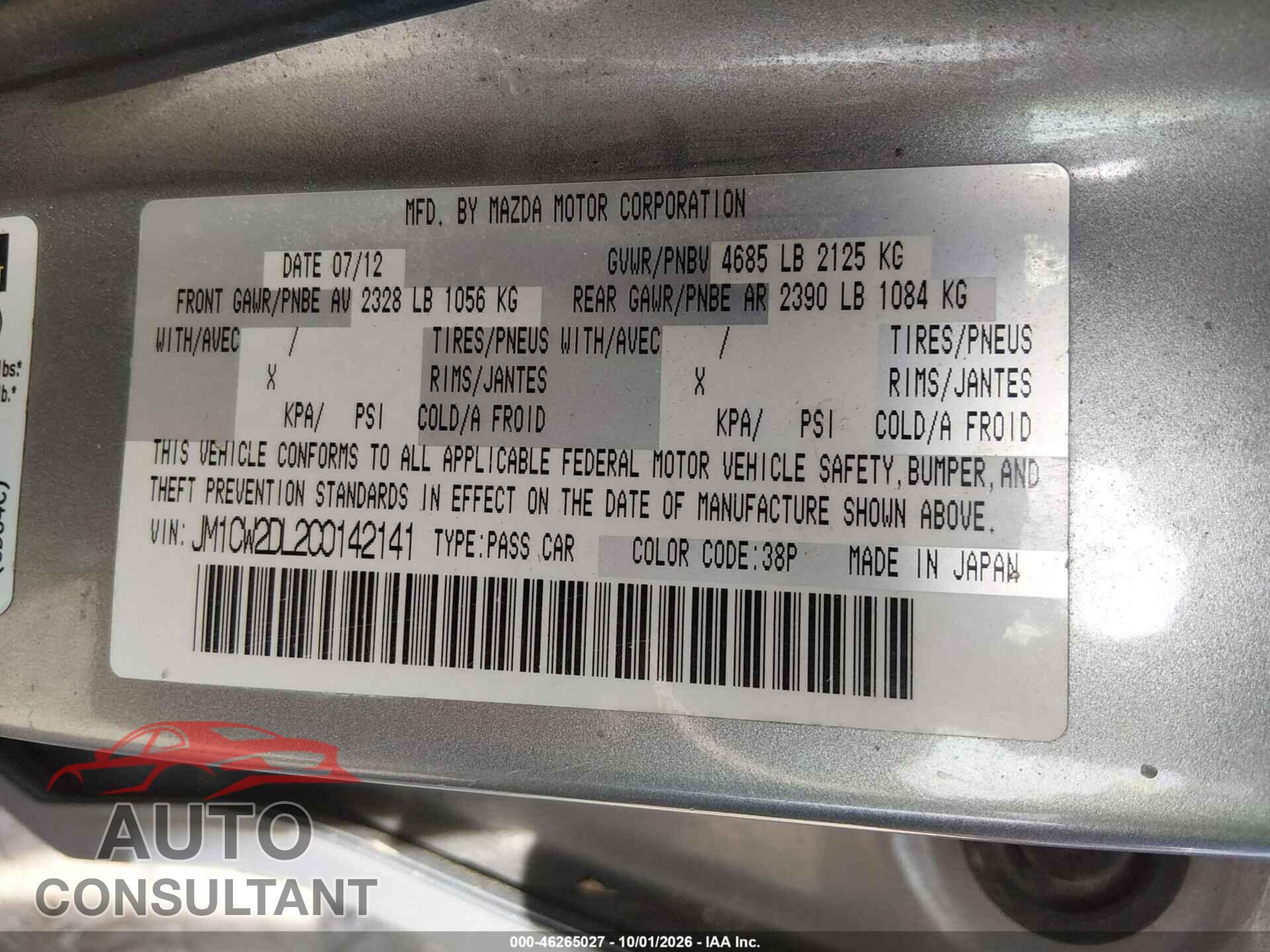 MAZDA MAZDA5 2012 - JM1CW2DL2C0142141