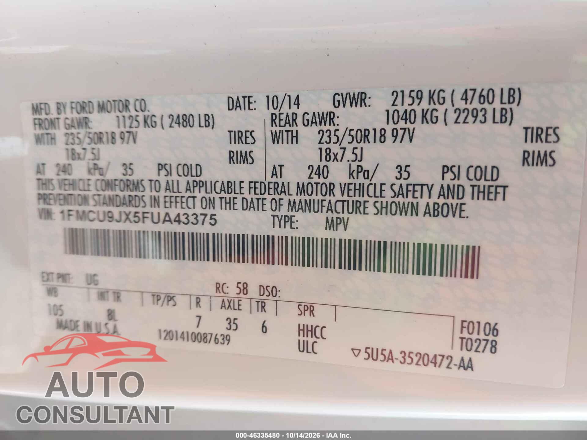 FORD ESCAPE 2015 - 1FMCU9JX5FUA43375