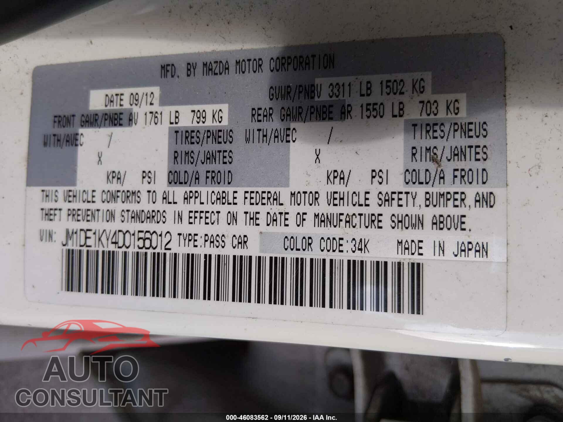 MAZDA MAZDA2 2013 - JM1DE1KY4D0156012