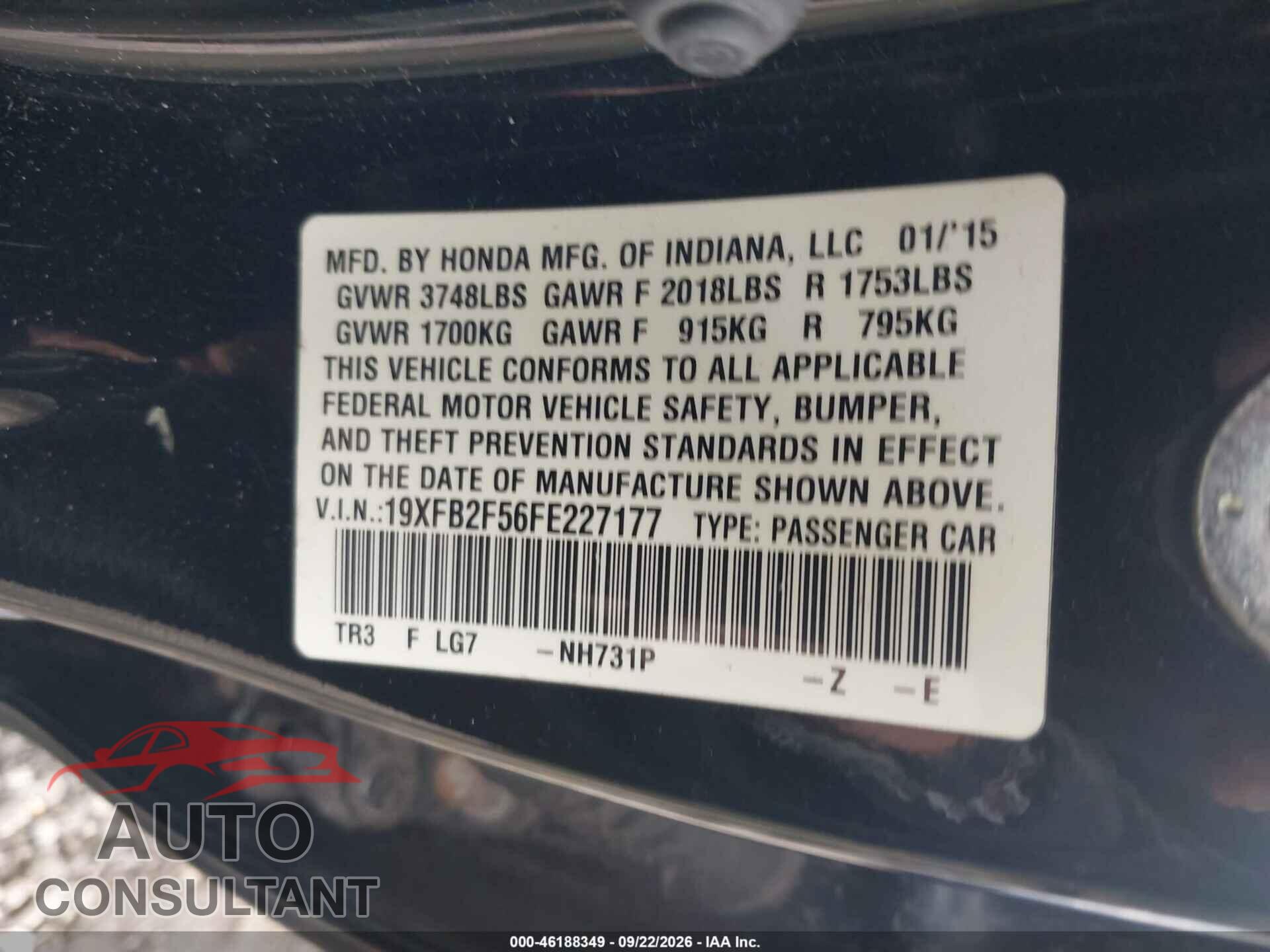HONDA CIVIC 2015 - 19XFB2F56FE227177