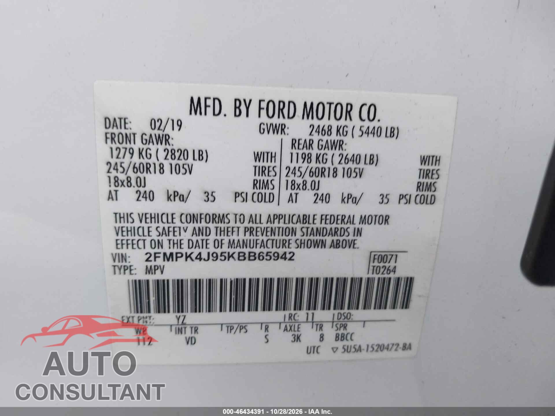 FORD EDGE 2019 - 2FMPK4J95KBB65942