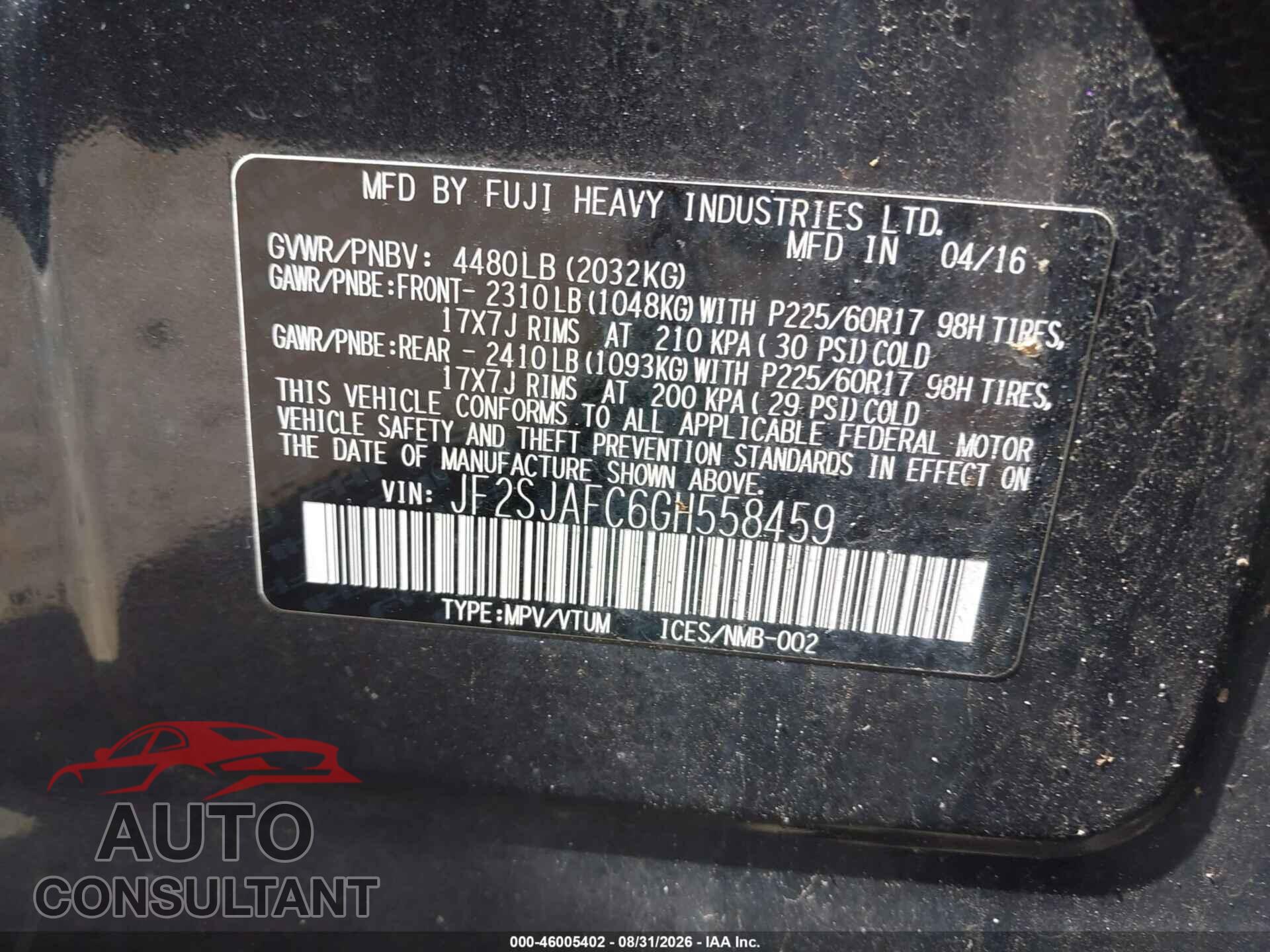 SUBARU FORESTER 2016 - JF2SJAFC6GH558459