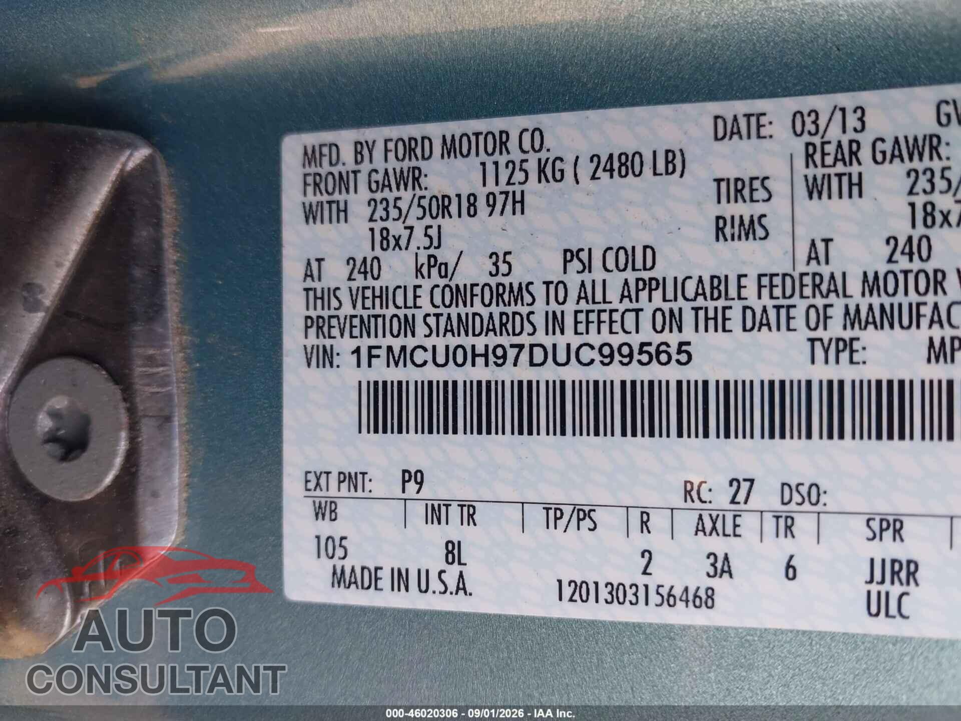 FORD ESCAPE 2013 - 1FMCU0H97DUC99565