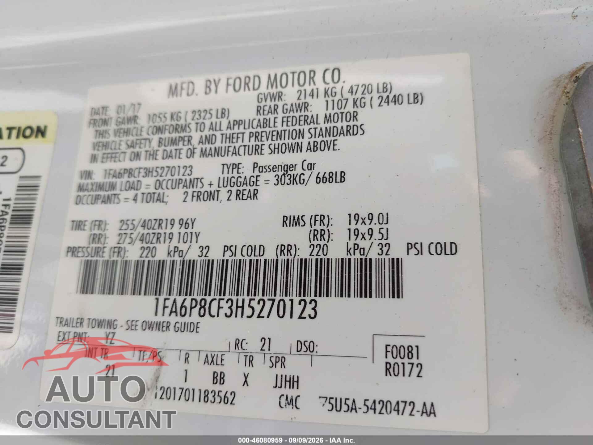 FORD MUSTANG 2017 - 1FA6P8CF3H5270123