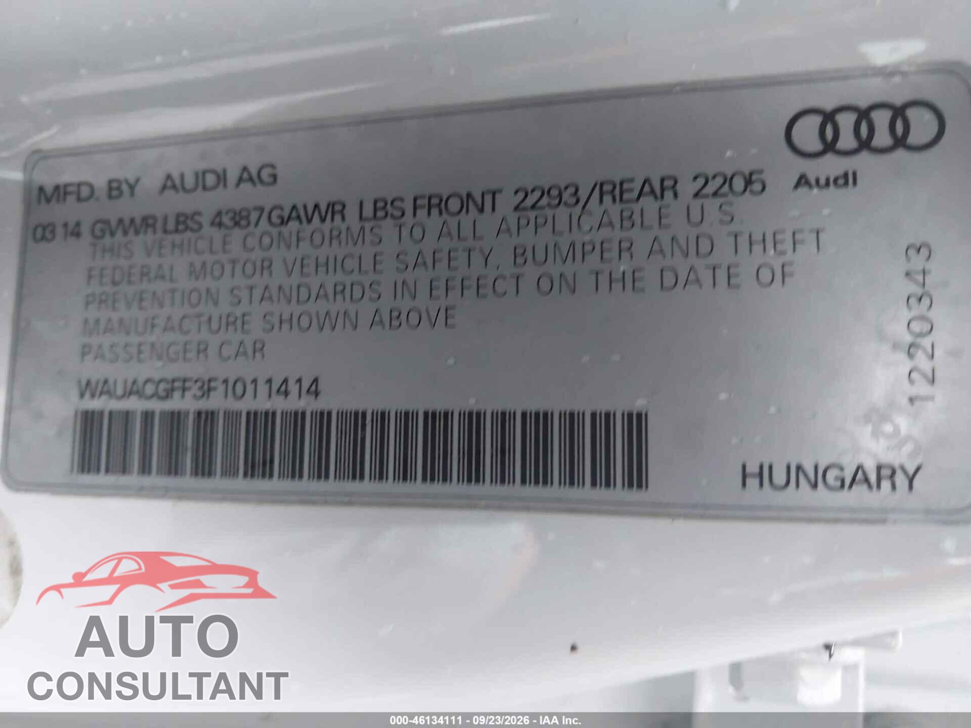 AUDI A3 2015 - WAUACGFF3F1011414