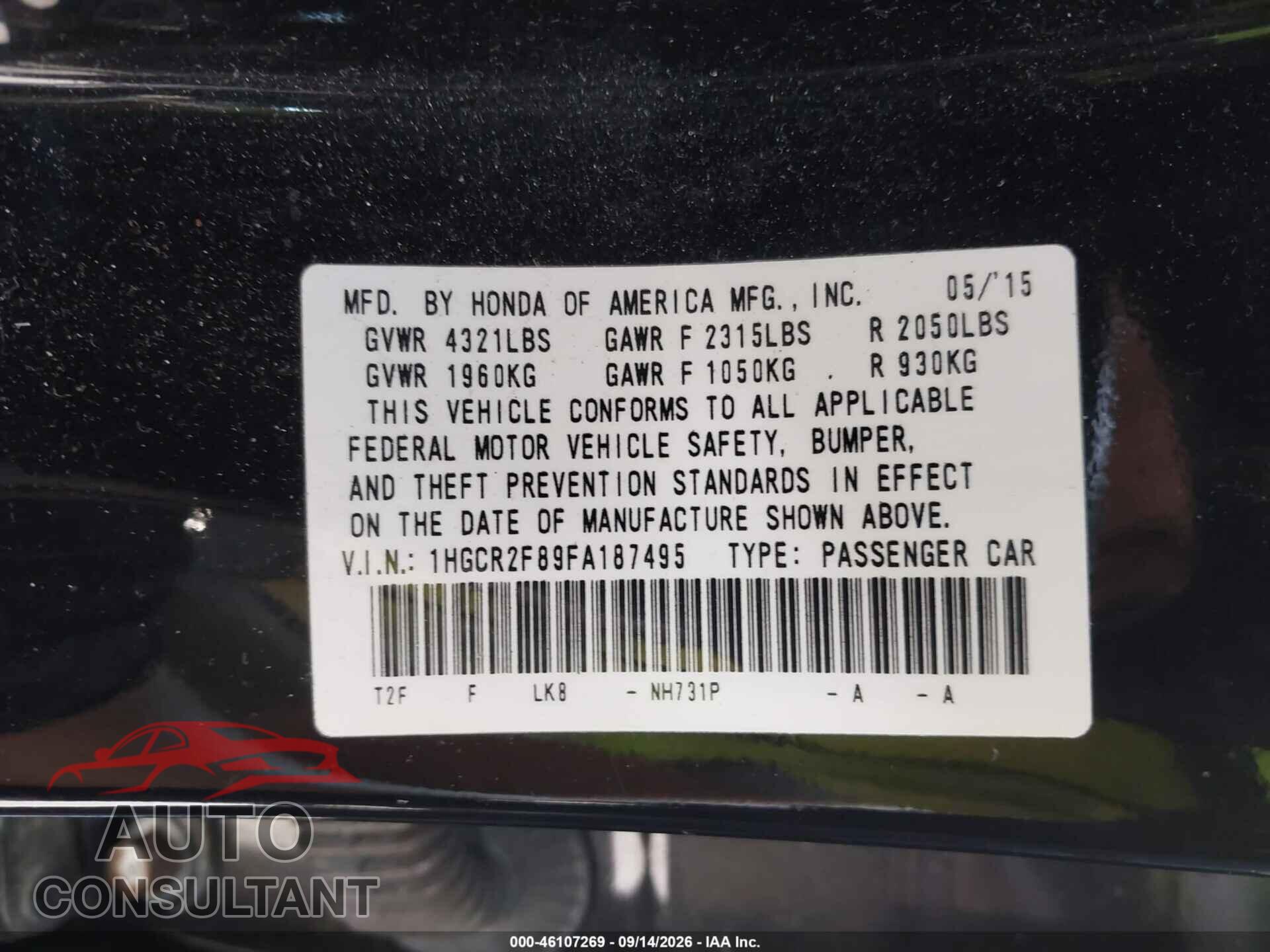 HONDA ACCORD 2015 - 1HGCR2F89FA187495