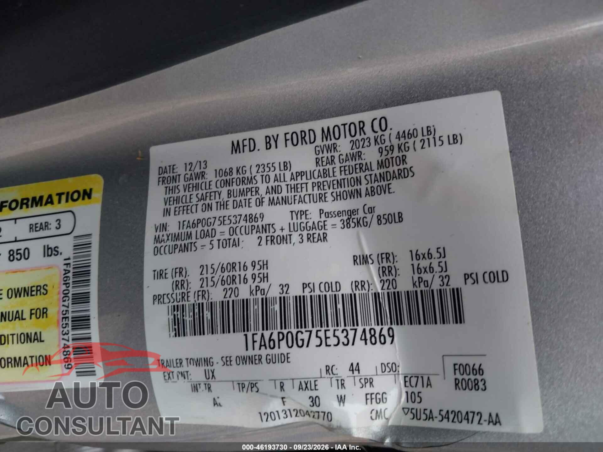 FORD FUSION 2014 - 1FA6P0G75E5374869