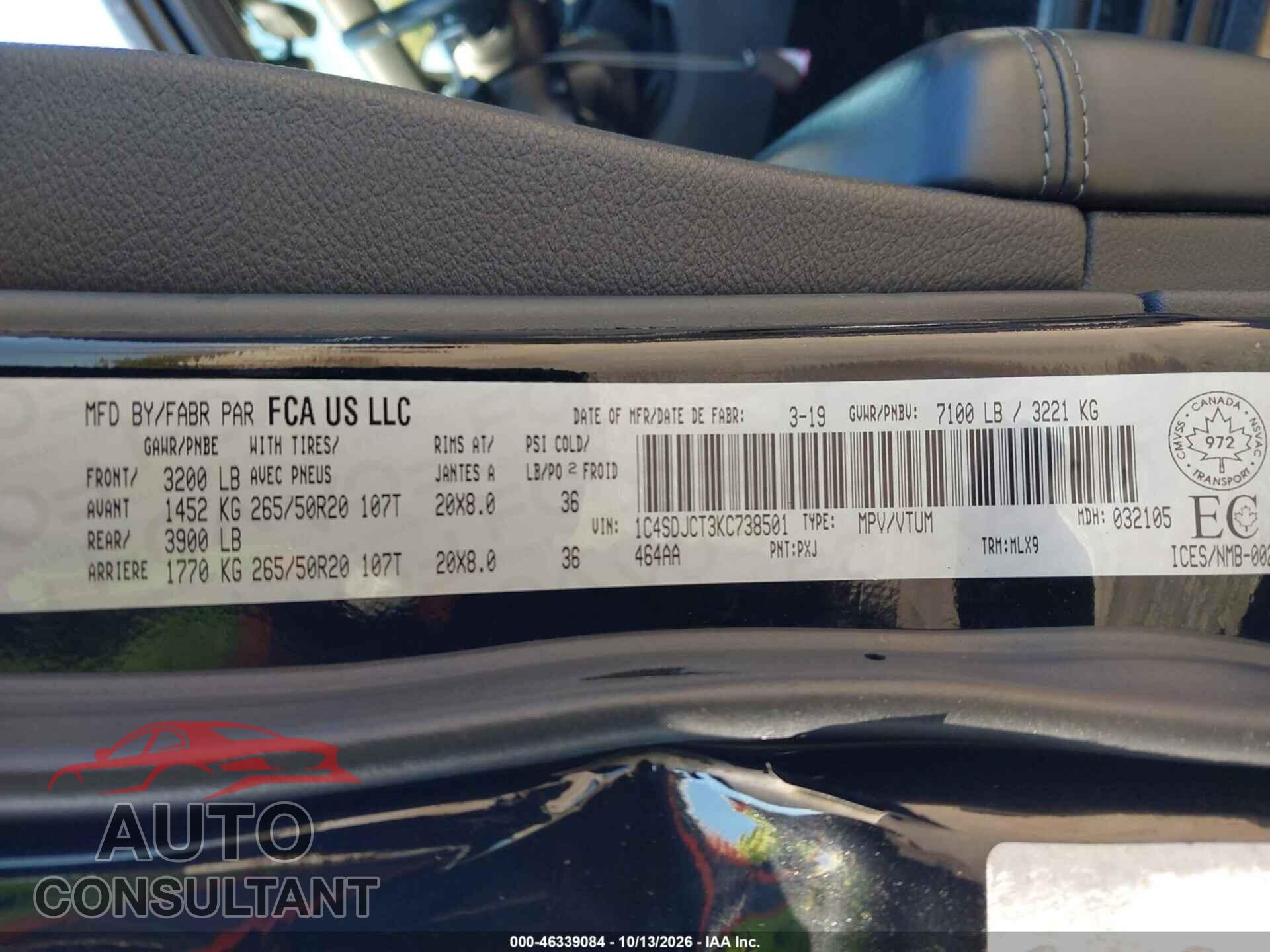 DODGE DURANGO 2019 - 1C4SDJCT3KC738501