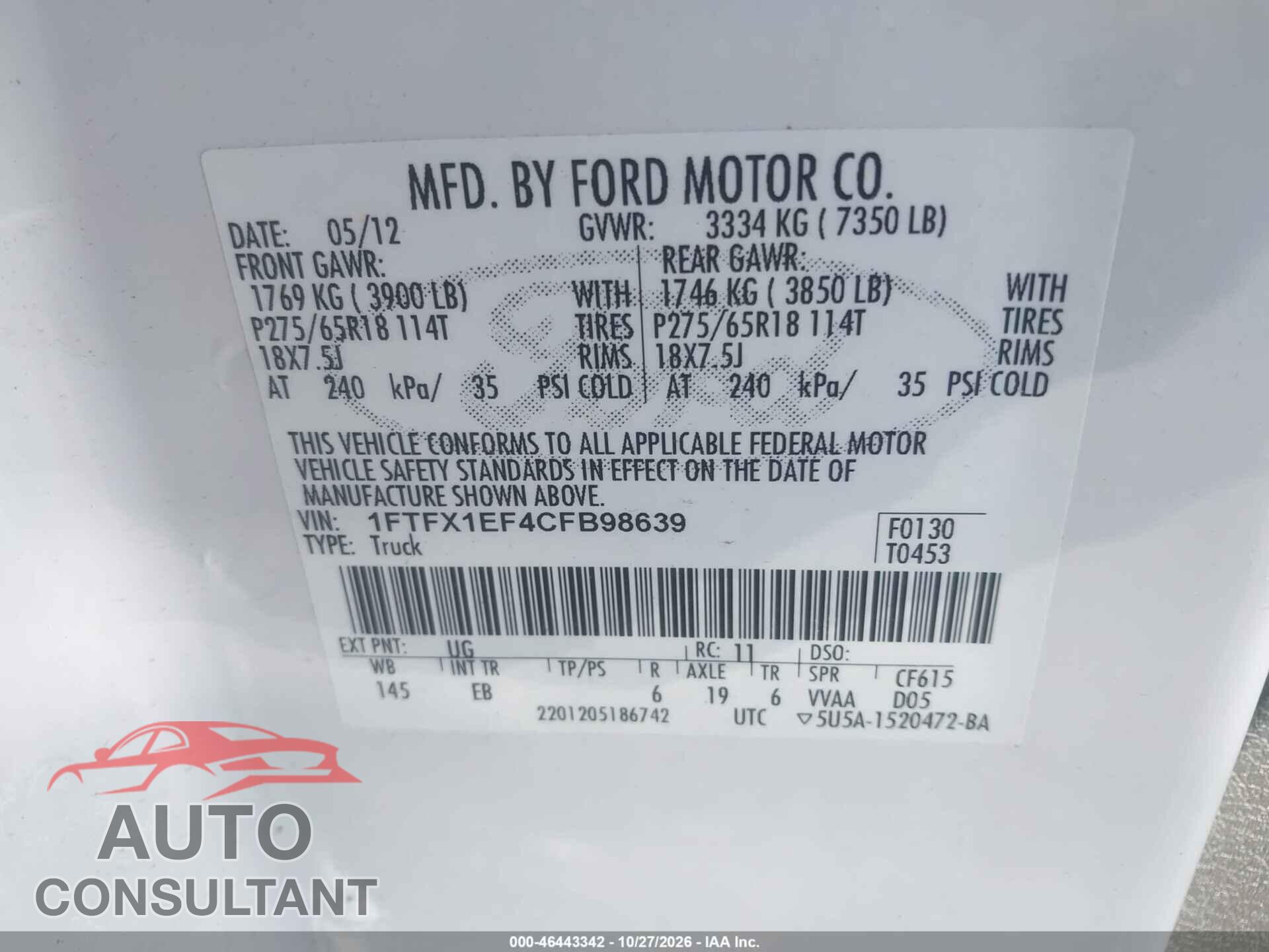 FORD F-150 2012 - 1FTFX1EF4CFB98639