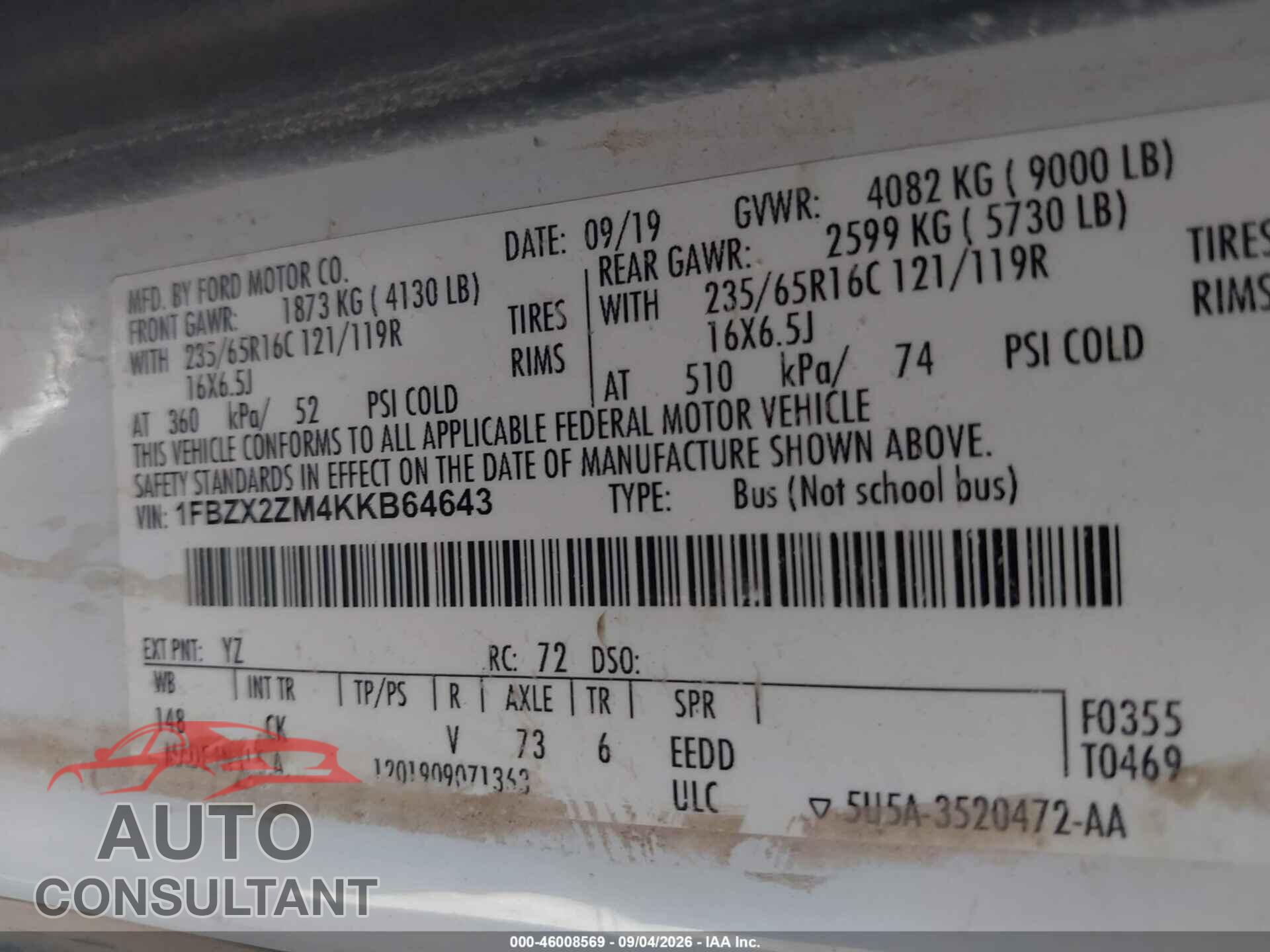 FORD TRANSIT-350 2019 - 1FBZX2ZM4KKB64643