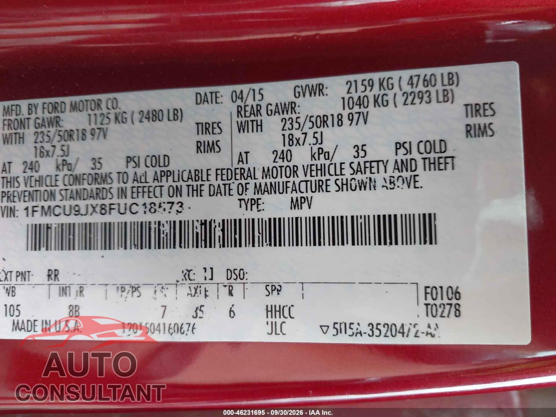FORD ESCAPE 2015 - 1FMCU9JX8FUC18573