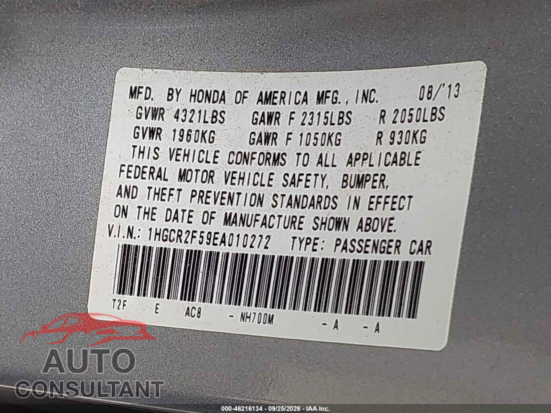 HONDA ACCORD 2014 - 1HGCR2F59EA010272