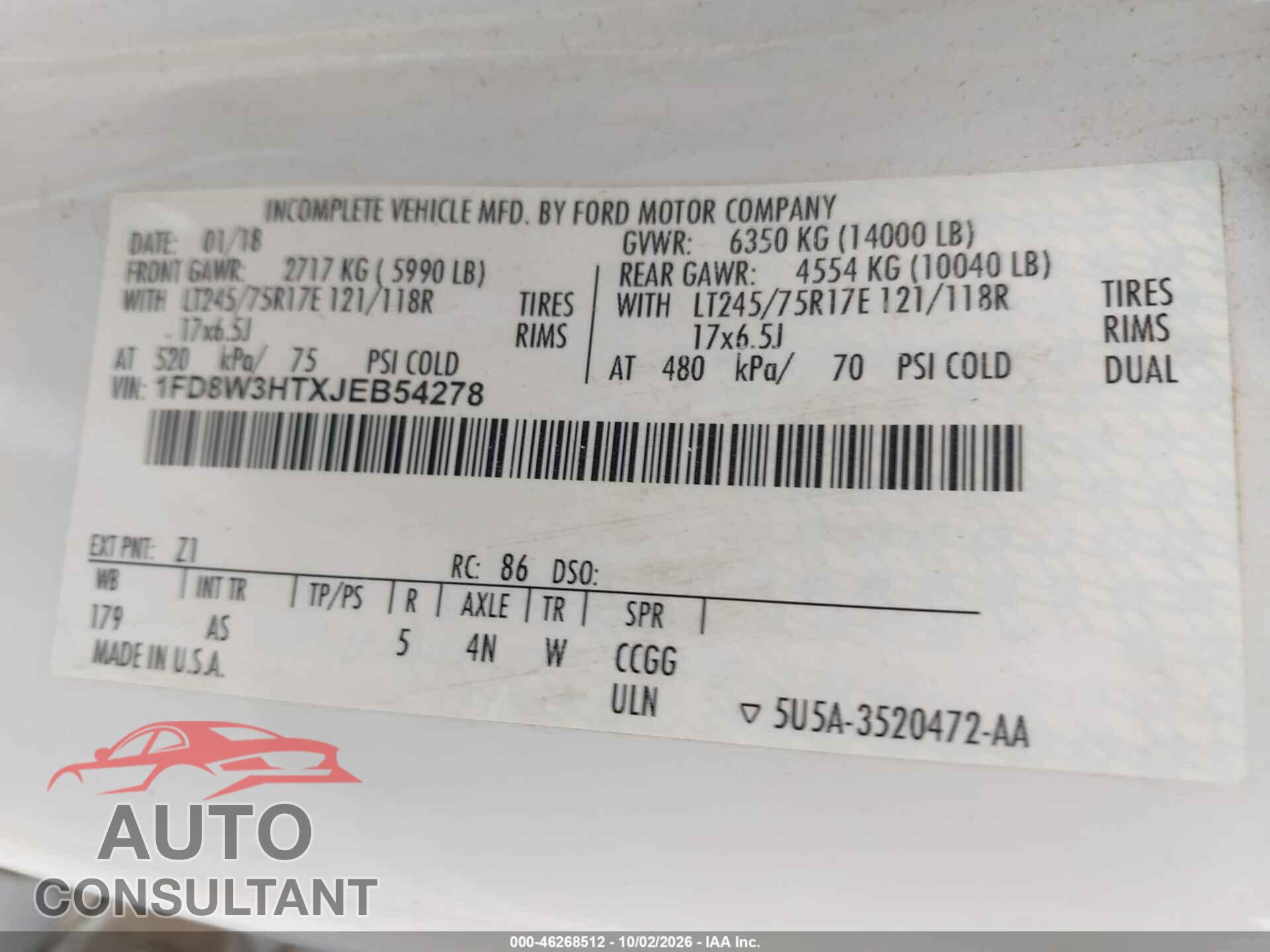 FORD F-350 CHASSIS 2018 - 1FD8W3HTXJEB54278