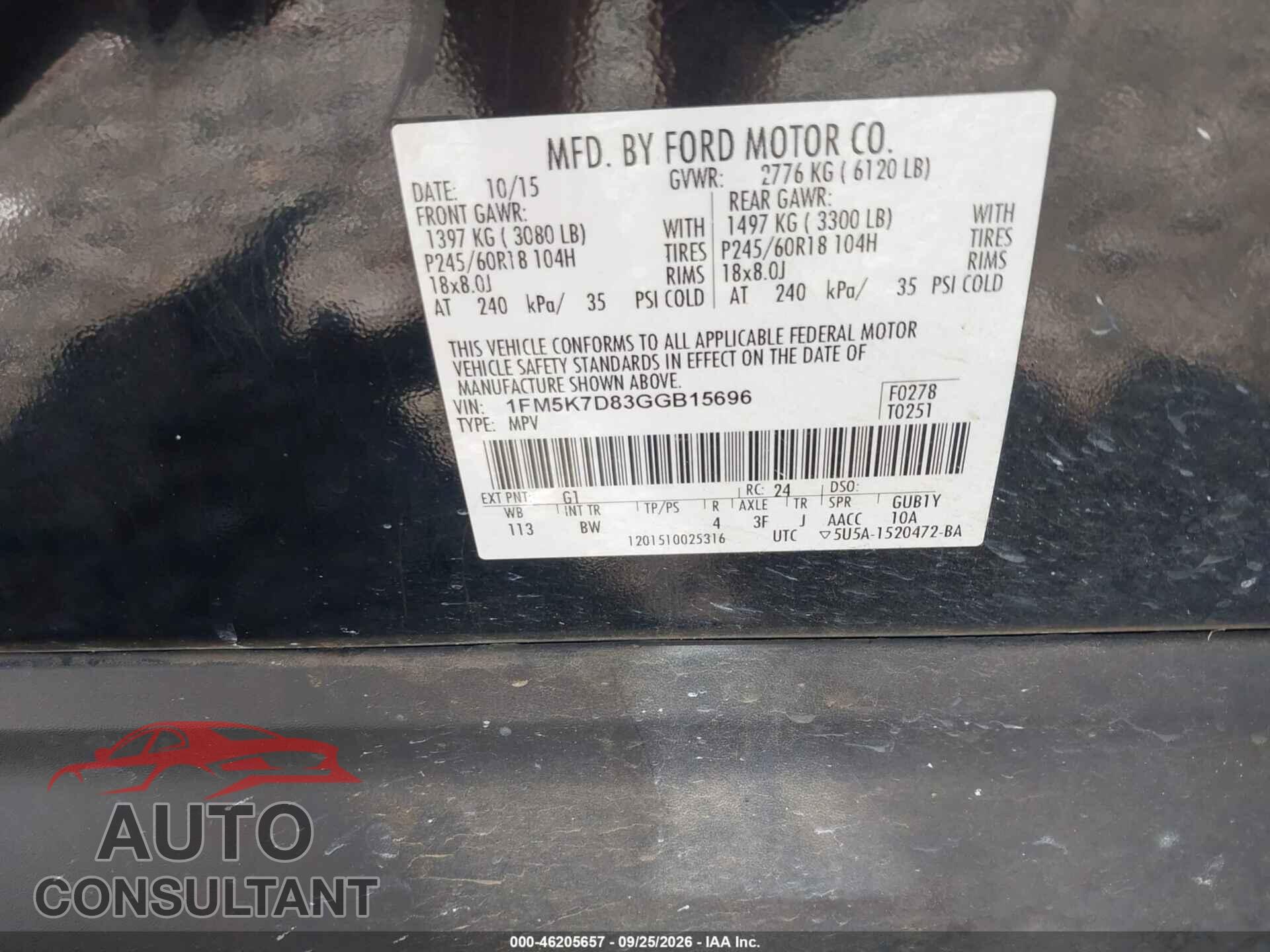 FORD EXPLORER 2016 - 1FM5K7D83GGB15696