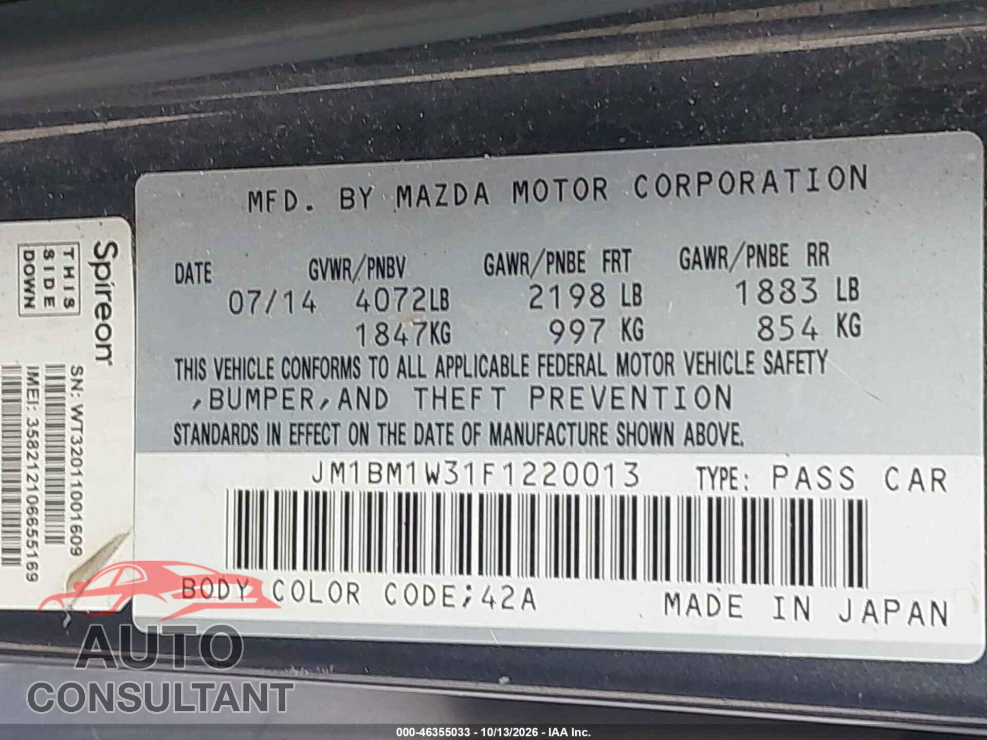 MAZDA MAZDA3 2015 - JM1BM1W31F1220013