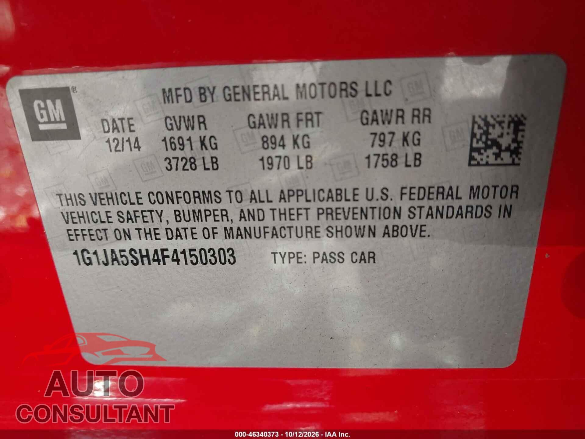 CHEVROLET SONIC 2015 - 1G1JA5SH4F4150303