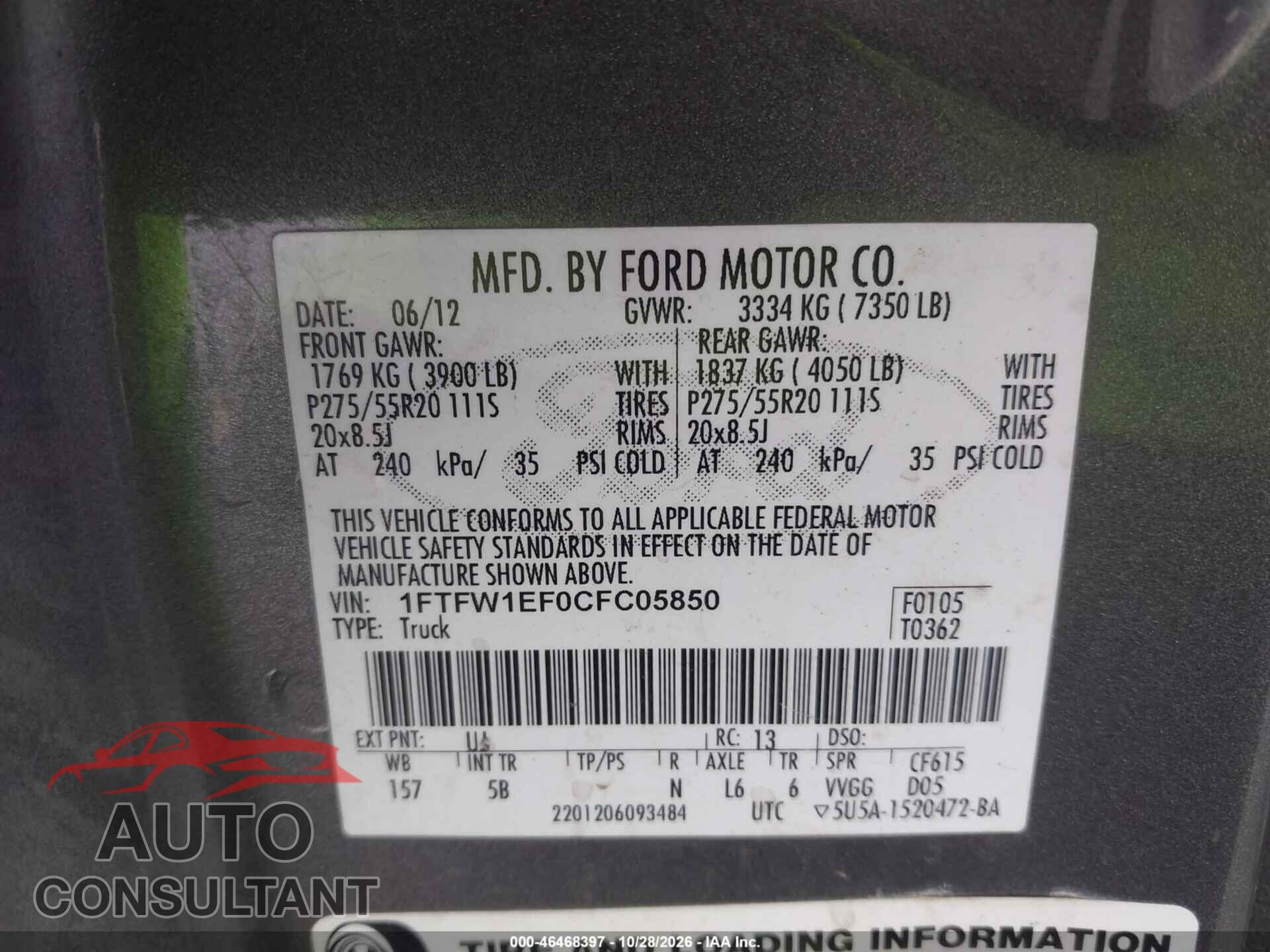 FORD F-150 2012 - 1FTFW1EF0CFC05850