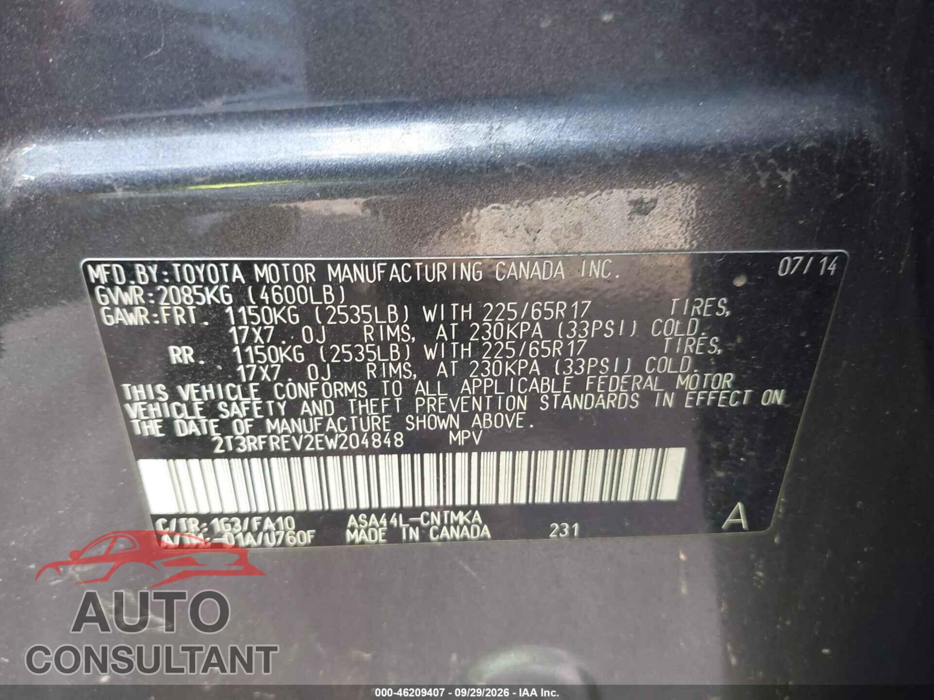 TOYOTA RAV4 2014 - 2T3RFREV2EW204848