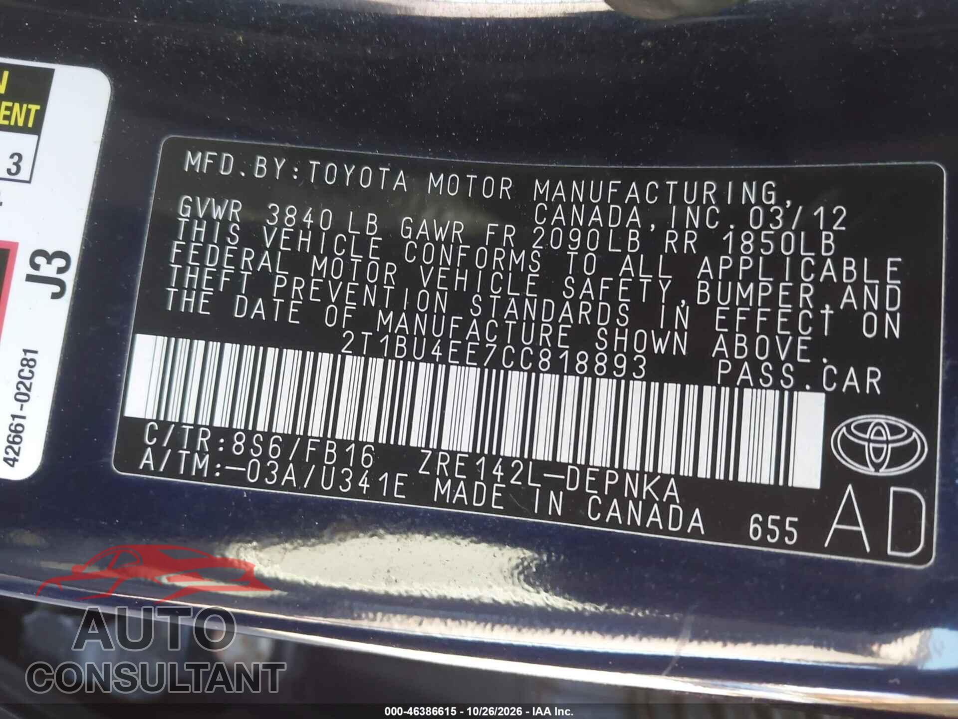 TOYOTA COROLLA 2012 - 2T1BU4EE7CC818893